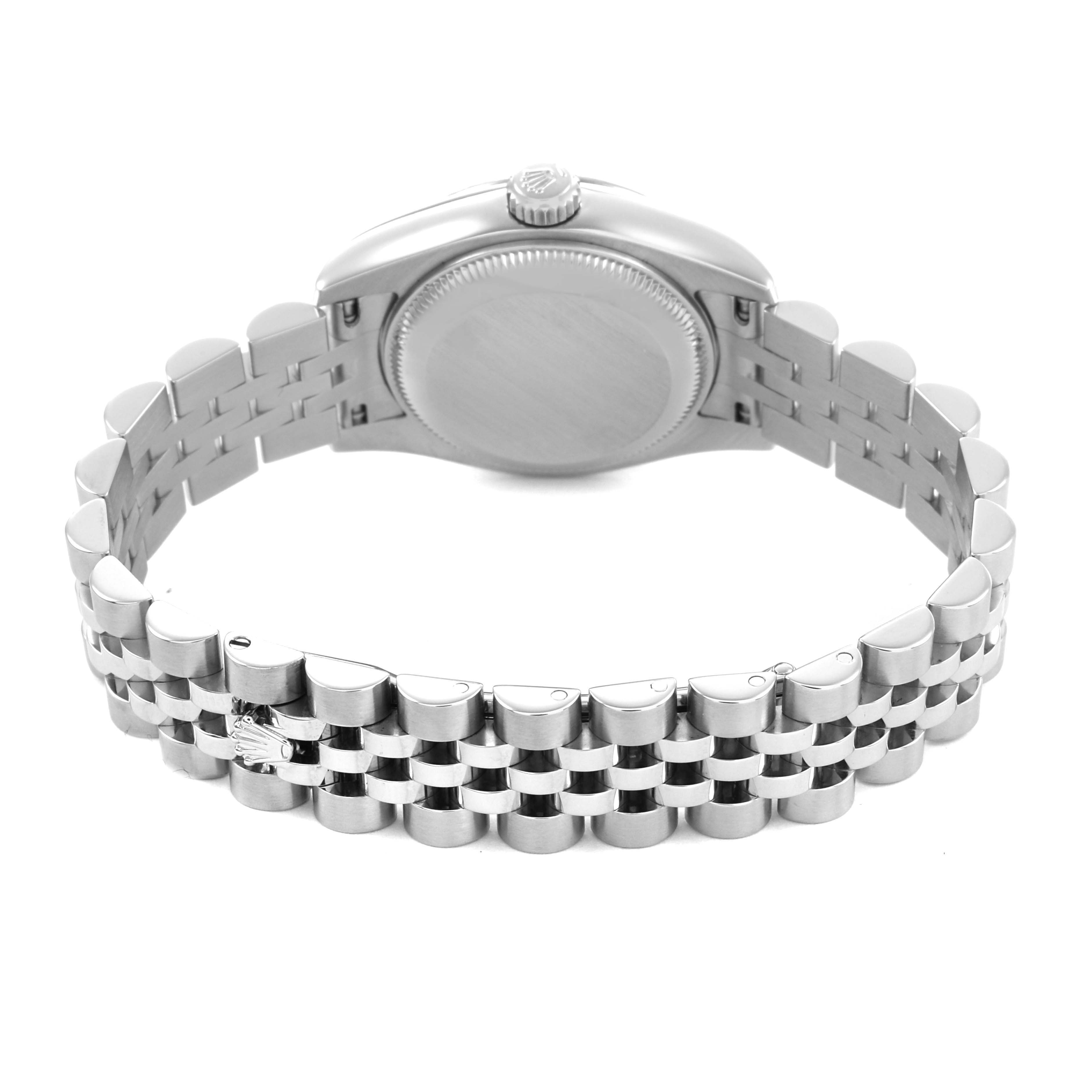 The image shows the back and bracelet of a Rolex Datejust 179174 Women's Stainless Steel Silver Dial, featuring a Jubilee bracelet and the watch's caseback.