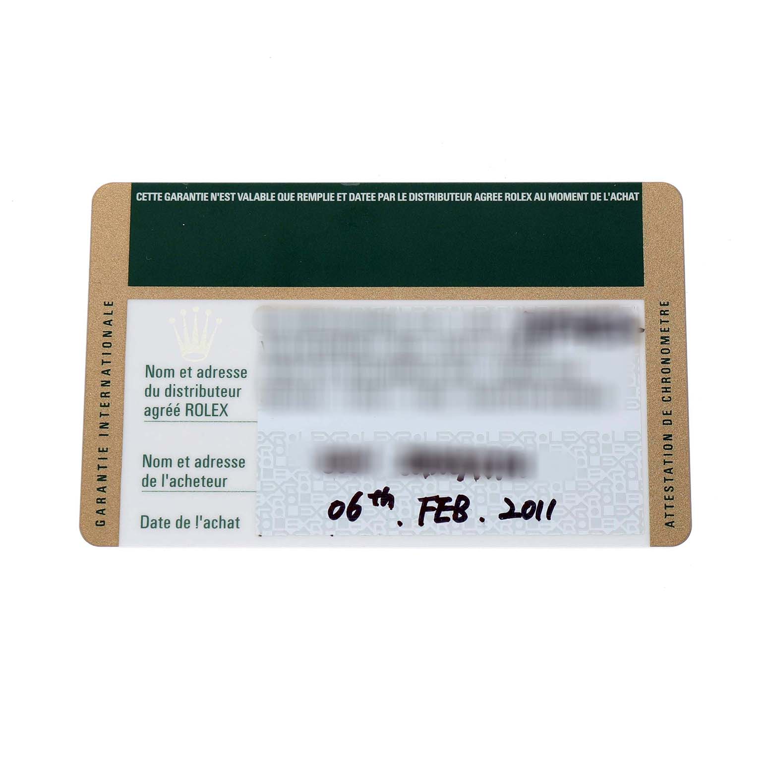 The image shows a Rolex Datejust 179174 Women's Stainless Steel Silver Dial warranty card with purchase details and dealer information.