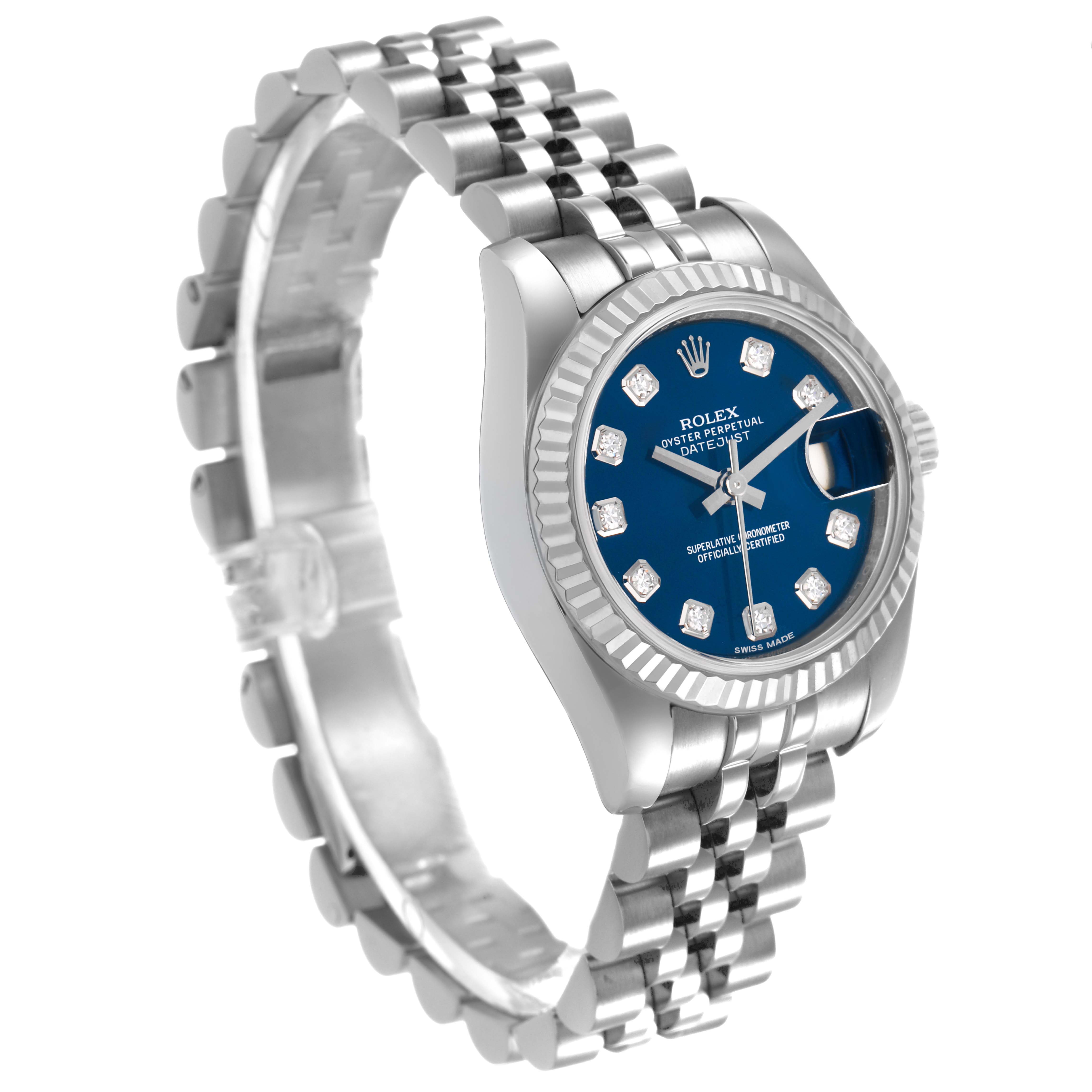 The Rolex Datejust 179174 Women's Stainless Steel Blue Dial watch is shown at a three-quarter angle, highlighting the face, bezel, and Jubilee bracelet.