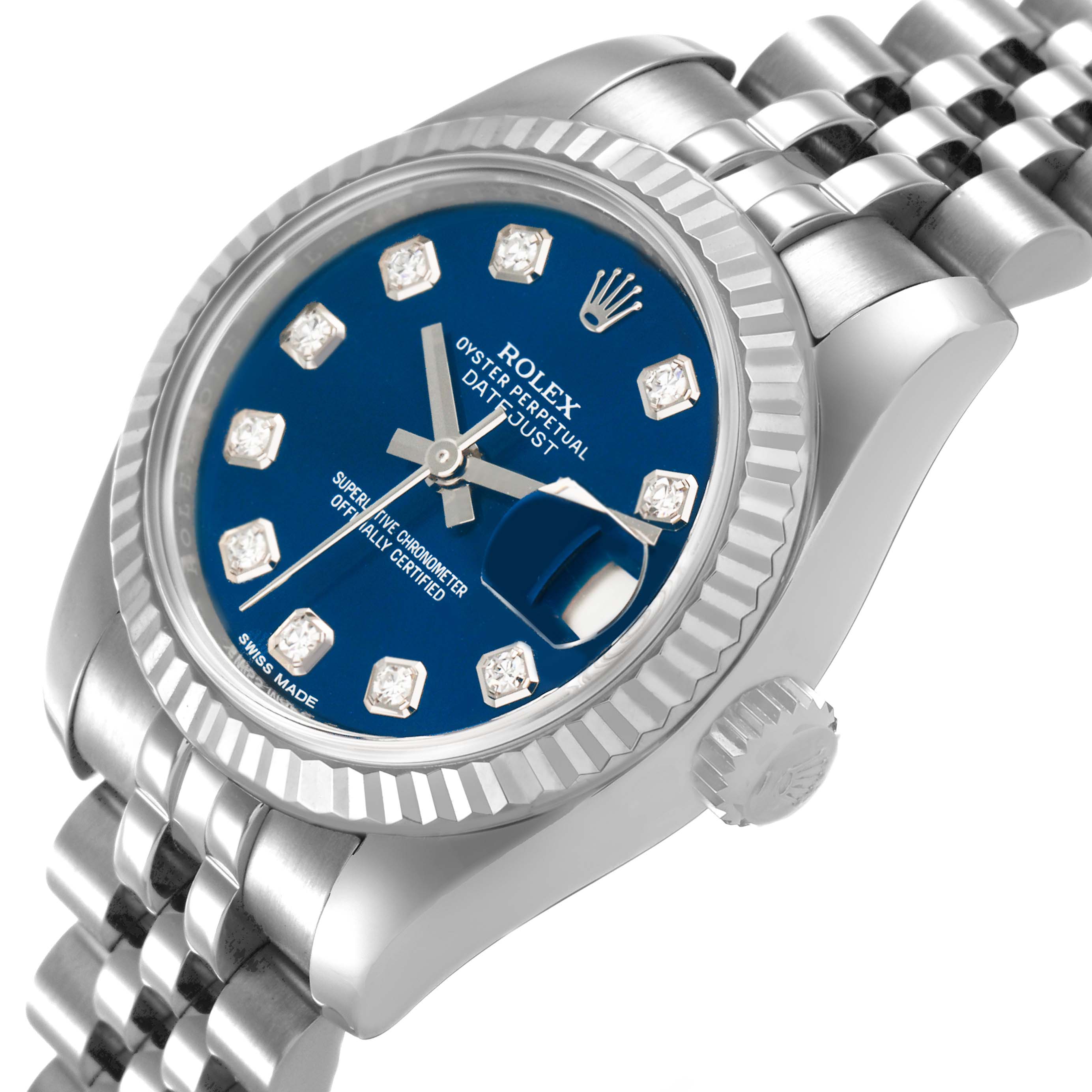 The Rolex Datejust 179174 Women's Stainless Steel Blue Dial watch is shown at an angled view, highlighting the blue dial, bezel, crown, and bracelet.