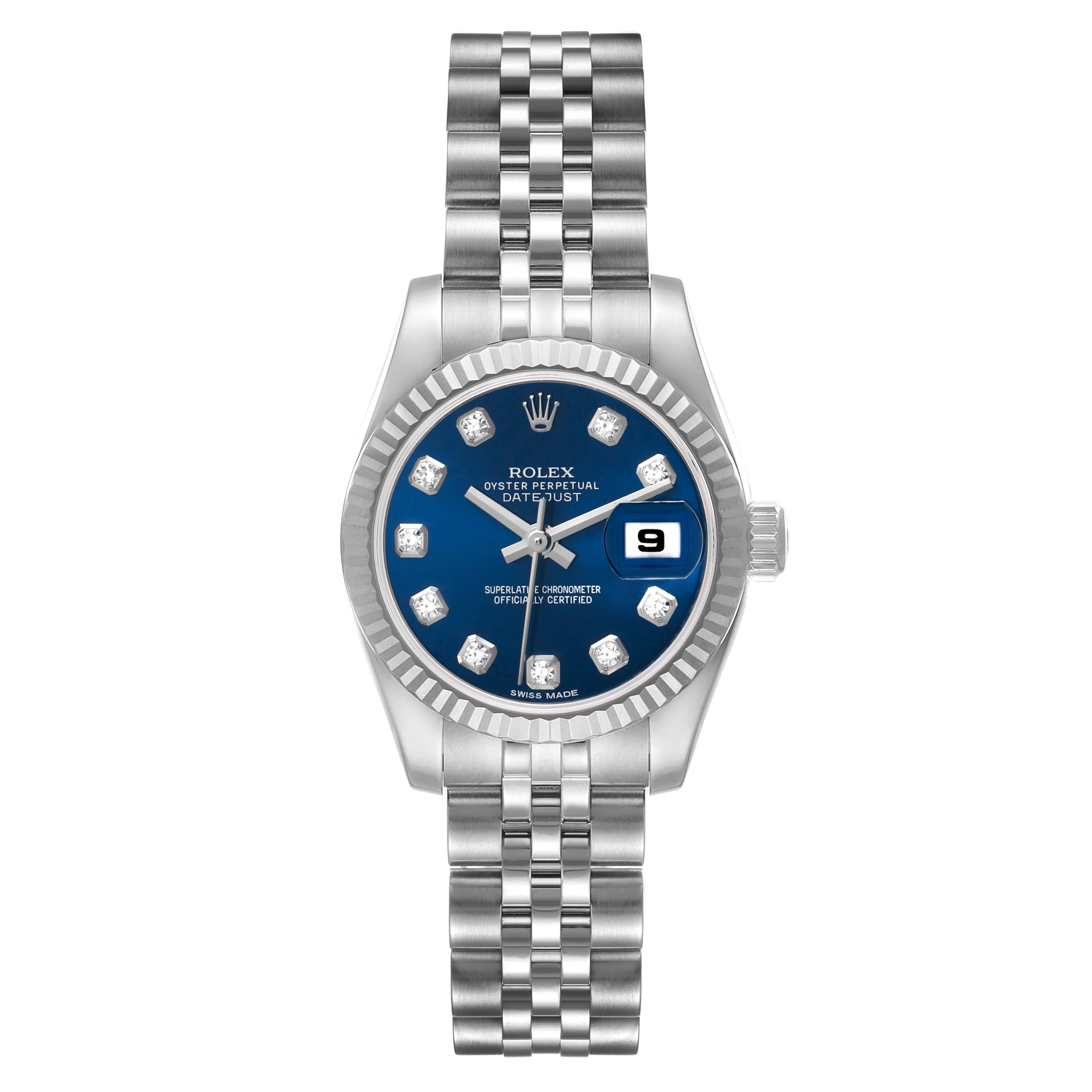 The Rolex Datejust 179174 Women's Stainless Steel Blue Dial watch is shown from a front angle, highlighting its blue dial, diamond indices, date window, bezel, and Jubilee bracelet.