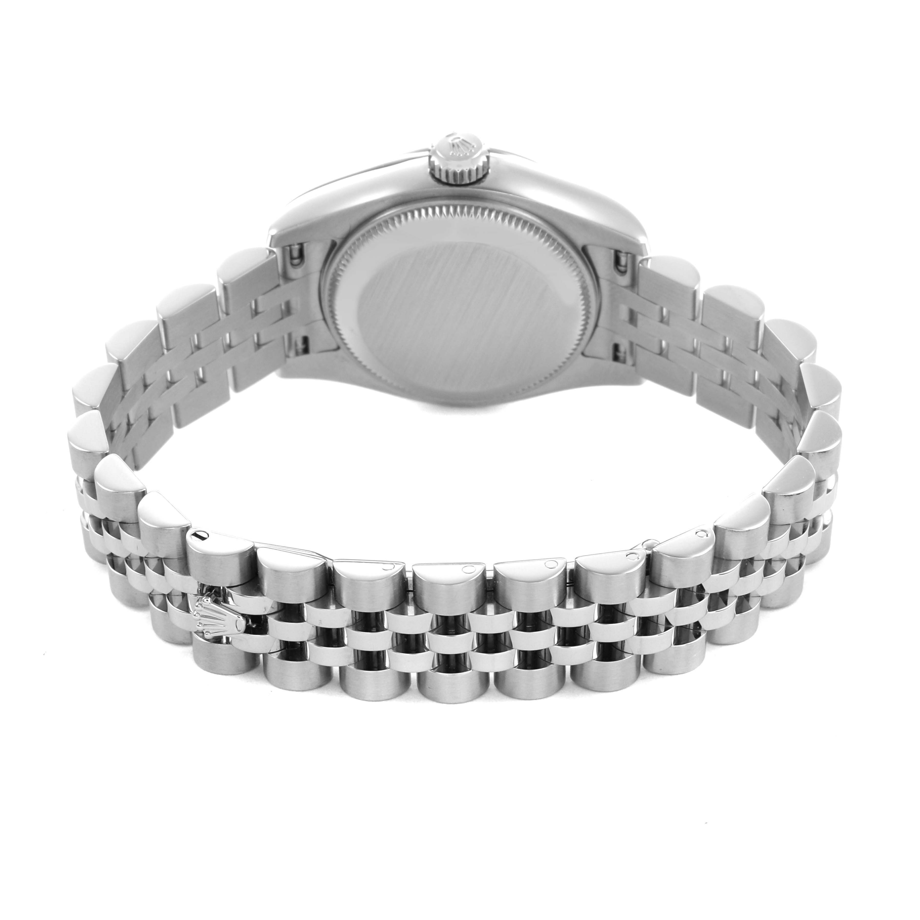 The Rolex Datejust 179174 Women's Stainless Steel Blue Dial watch is shown from the back, highlighting the case back and Jubilee bracelet.