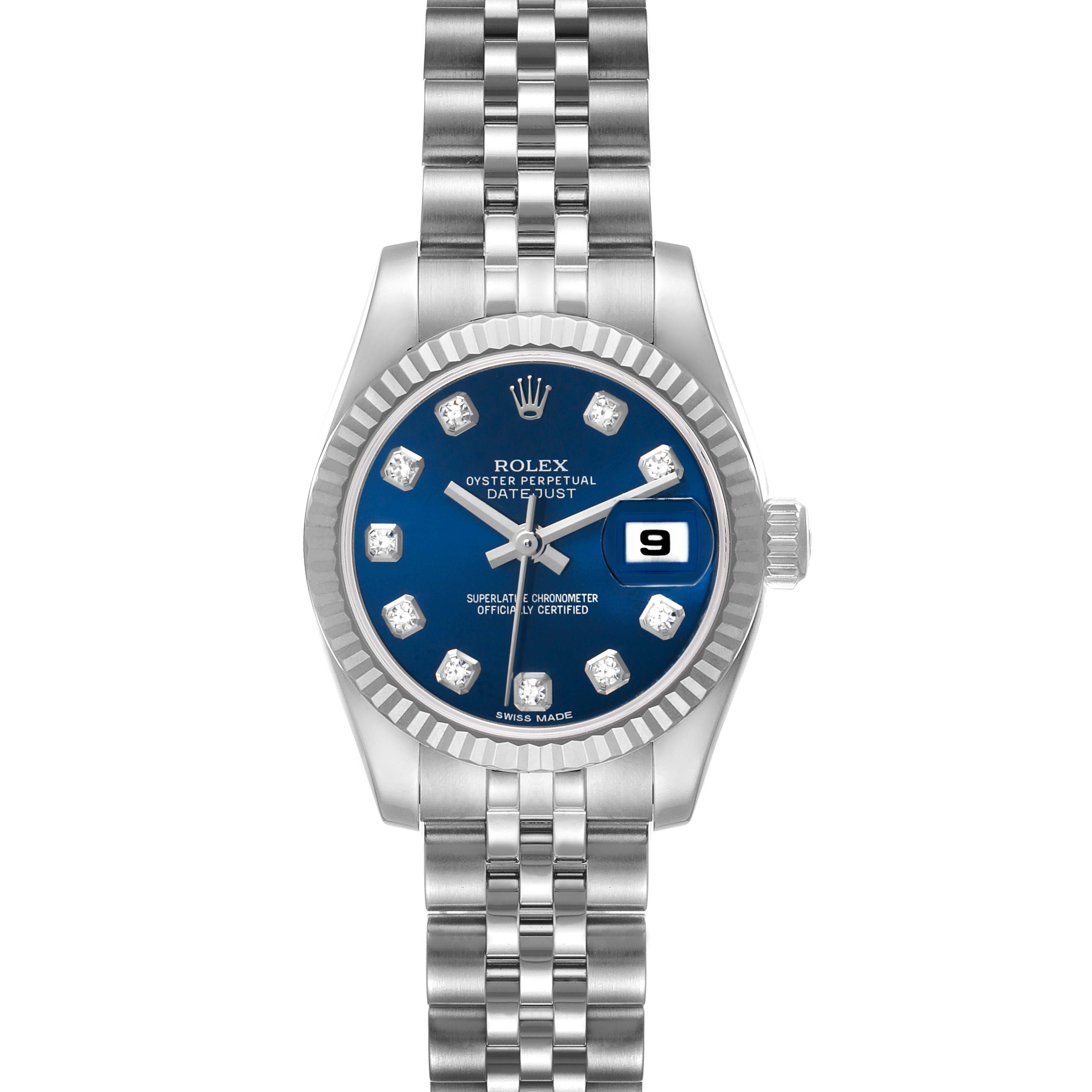 The Rolex Datejust 179174 Women's Stainless Steel Blue Dial watch is shown from a front angle, highlighting its blue dial, diamond hour markers, and Jubilee bracelet.