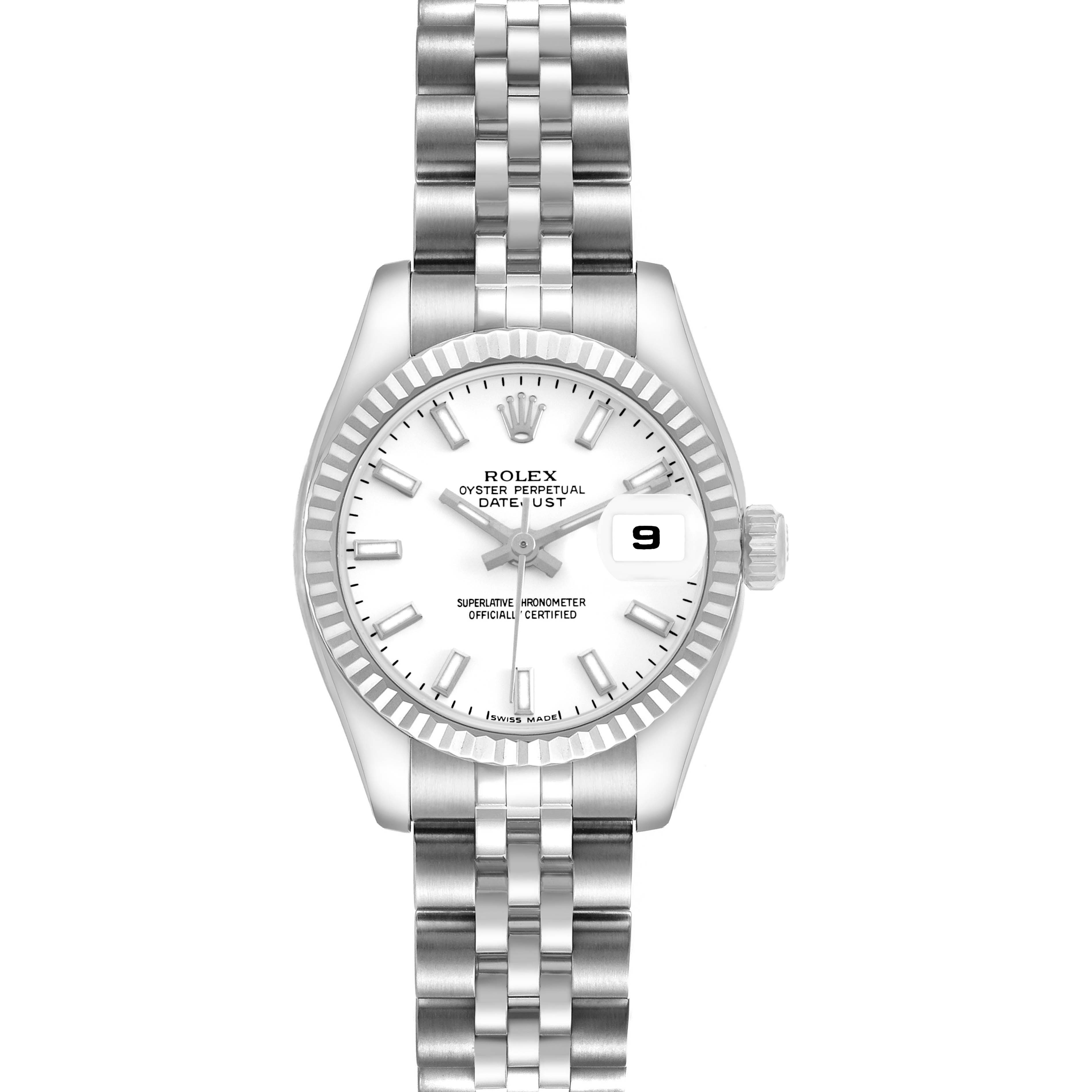 The Rolex Datejust 179174 Women's Stainless Steel White Dial watch is shown from a front angle, displaying the dial, bezel, and bracelet.