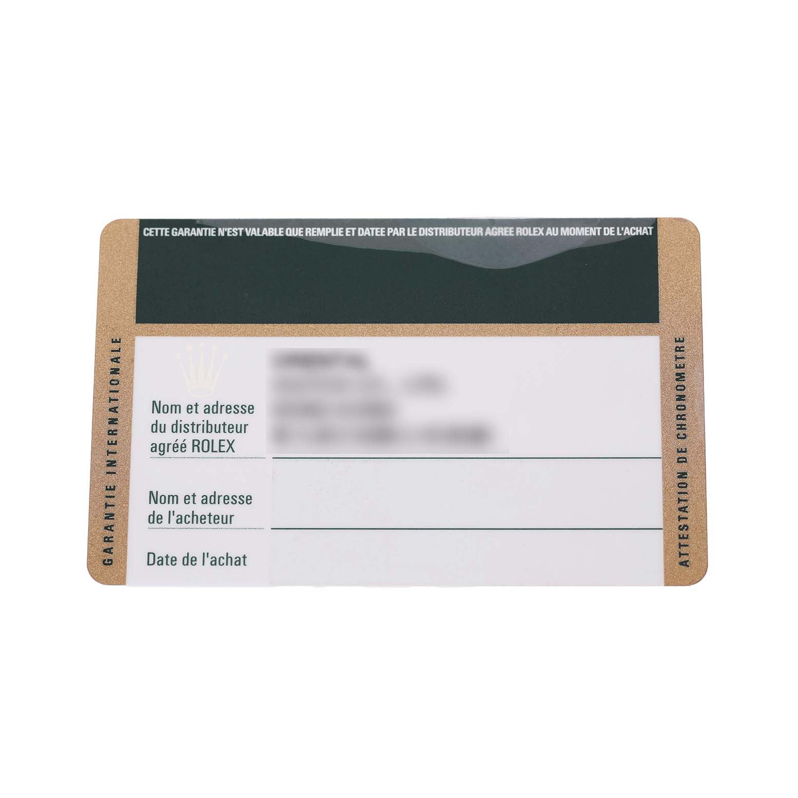 The image shows the warranty card for a Rolex Datejust 179174 Women's Stainless Steel White Dial, focusing on text fields and logos.
