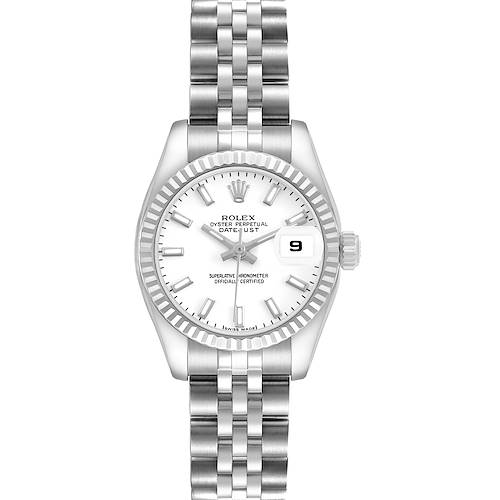 The Rolex Datejust 179174 Women's Stainless Steel White Dial watch is shown from a top view, displaying the dial, bezel, and bracelet.