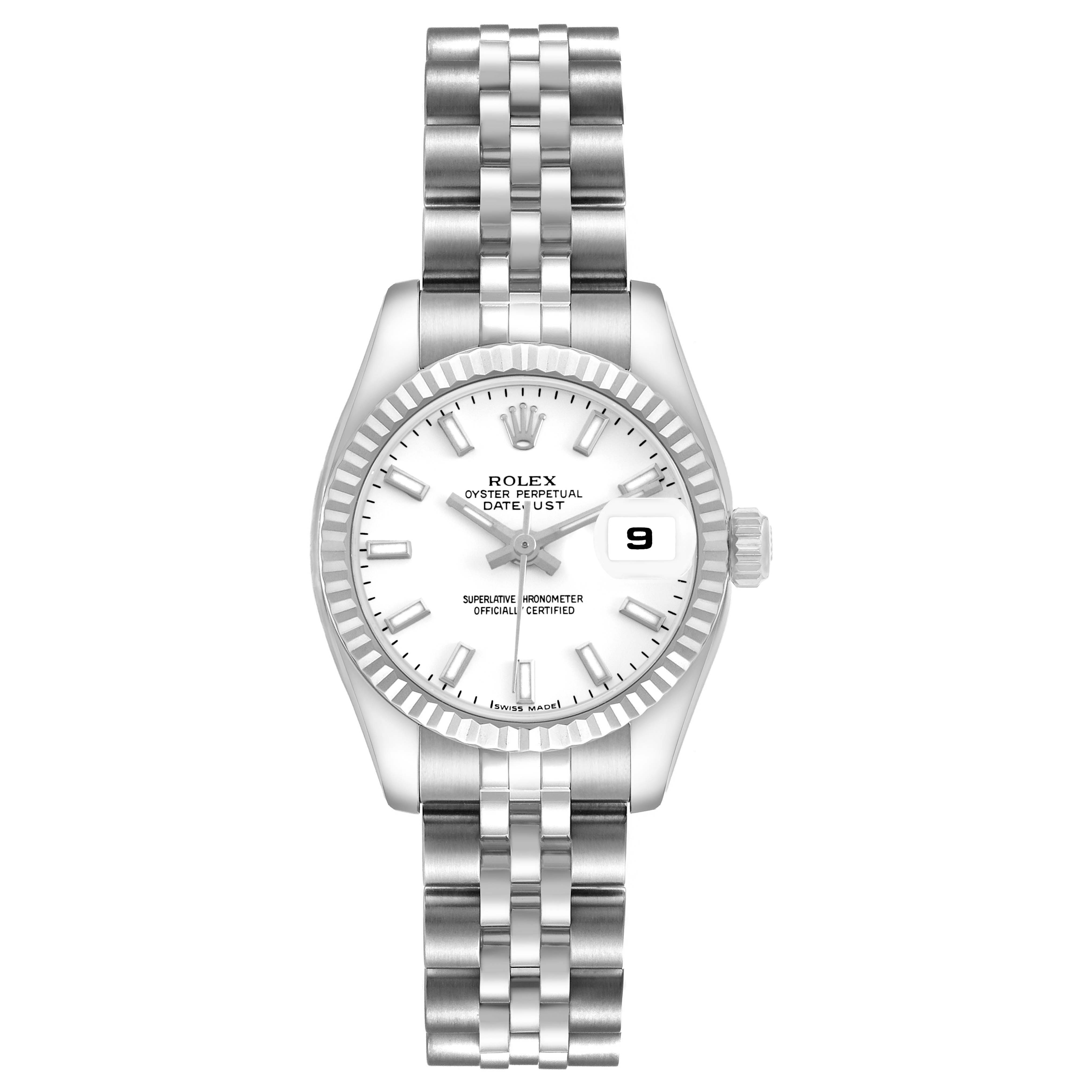 The Rolex Datejust 179174 Women's Stainless Steel White Dial watch is shown in a front-facing angle, highlighting the dial, bezel, bracelet, and crown.