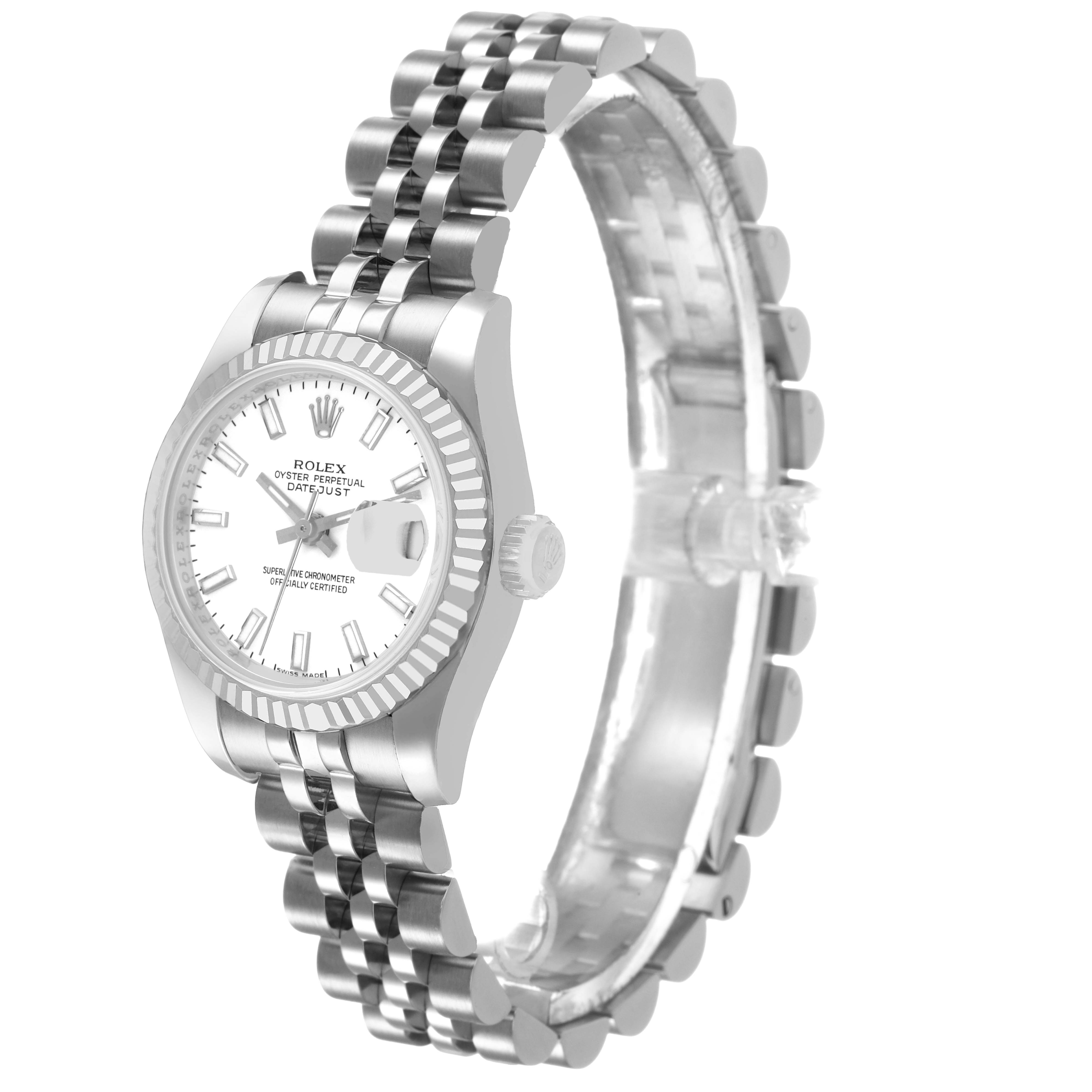 The Rolex Datejust 179174 Women's Stainless Steel White Dial watch is shown at a slight angle, highlighting its face, bezel, and jubilee bracelet.