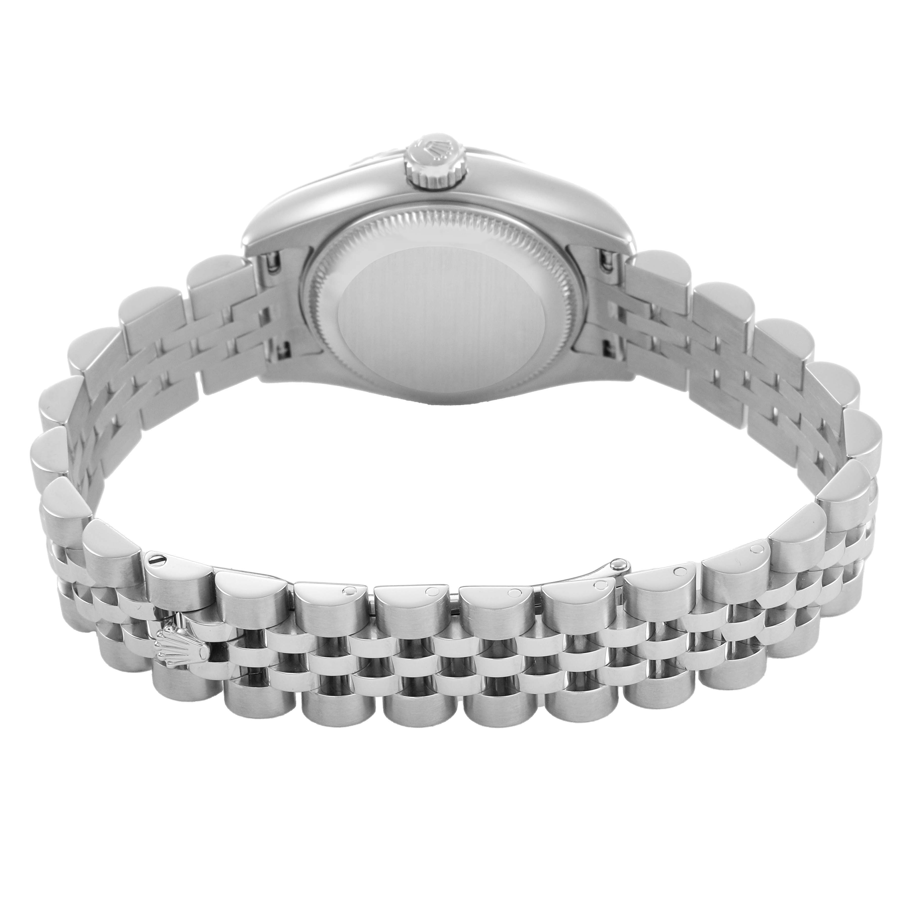 The image shows the back of a Rolex Datejust 179174 Women's Stainless Steel White Dial watch at an angle highlighting the bracelet, clasp, and case back.