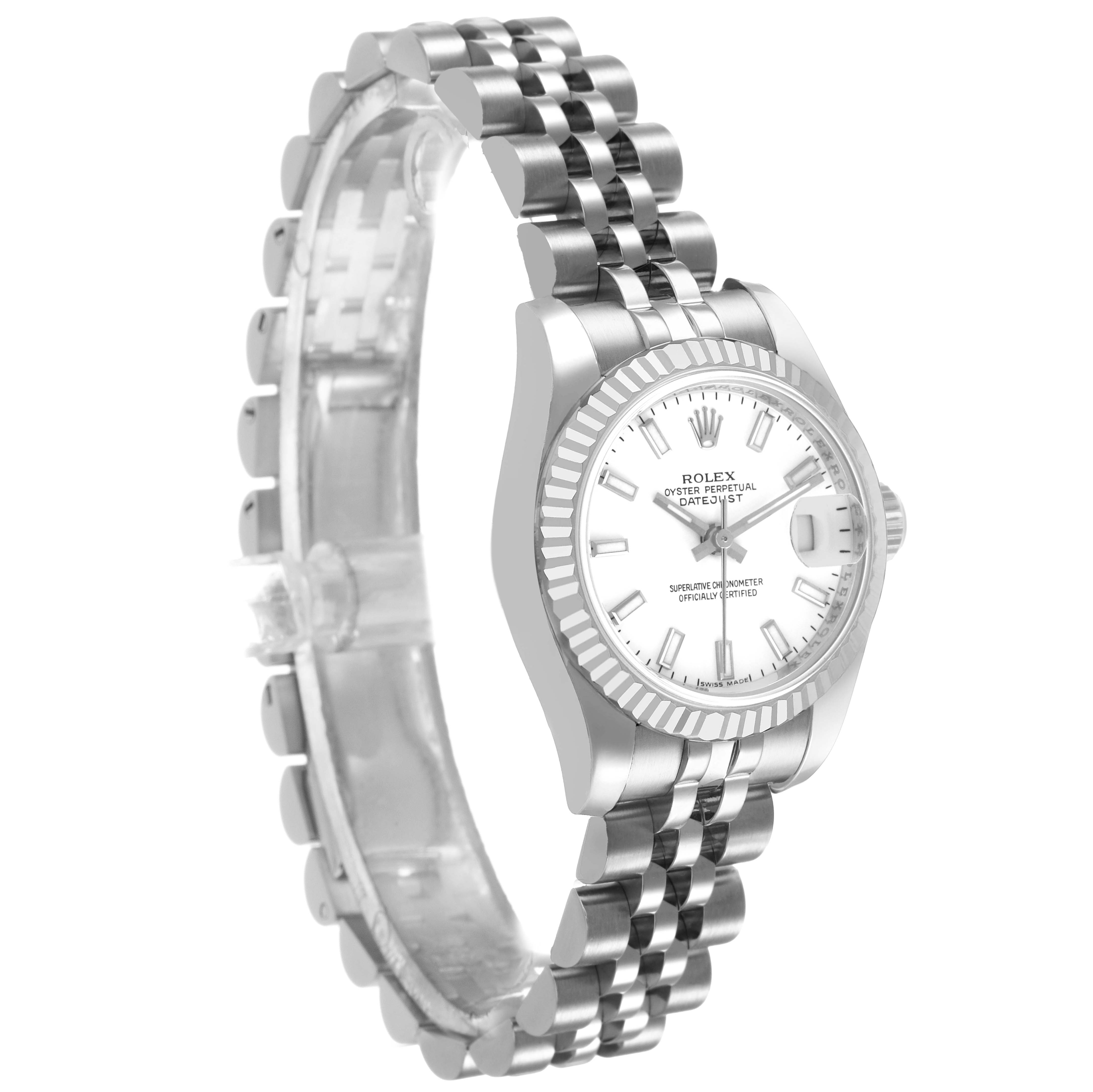 The Rolex Datejust 179174 Women's Stainless Steel White Dial watch is shown in a side view, highlighting the bracelet, bezel, and dial.