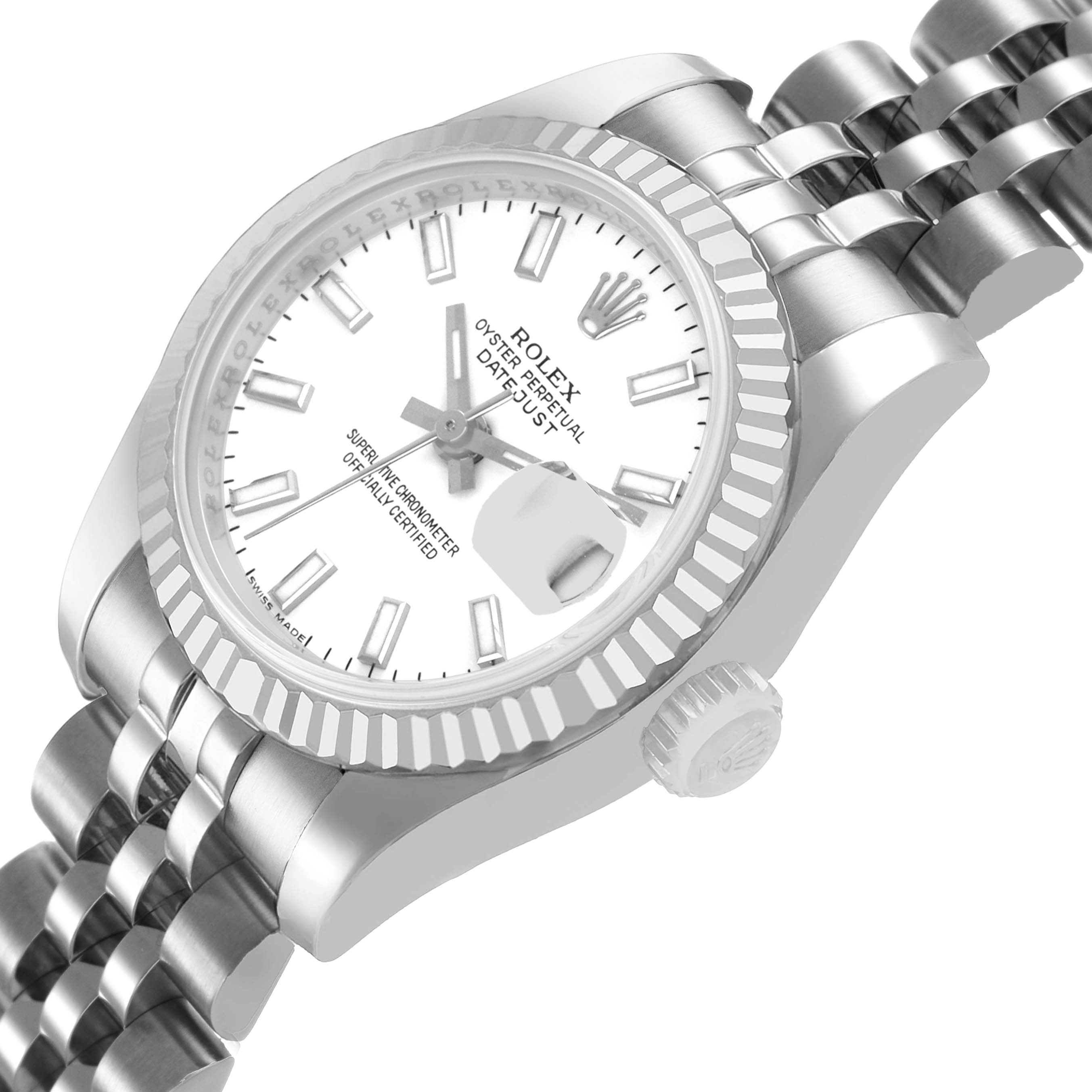 The Rolex Datejust 179174 Women's Stainless Steel White Dial watch is shown at a slight angle, highlighting the face, bezel, crown, and part of the bracelet.