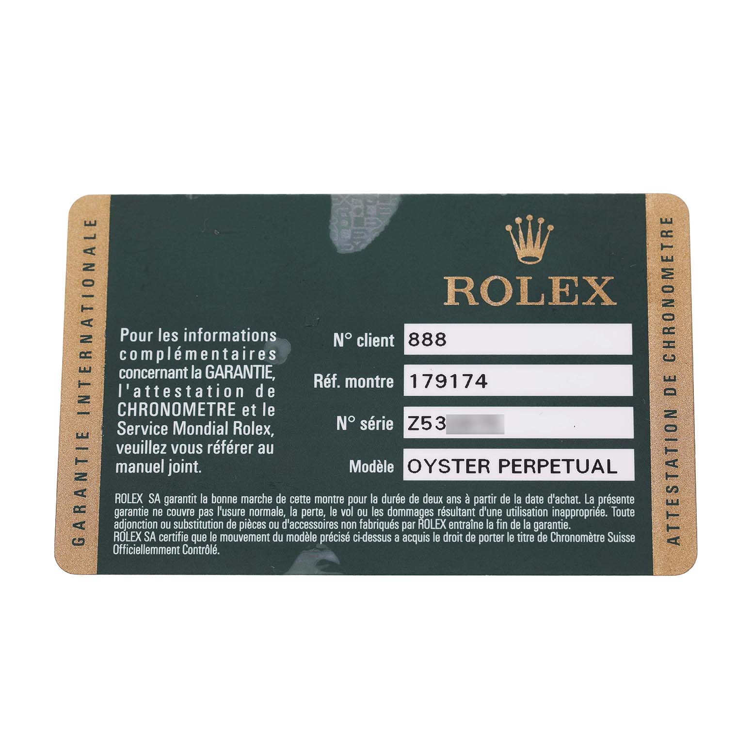 The image shows a Rolex warranty card for the Datejust model, displaying client, reference, and serial numbers.