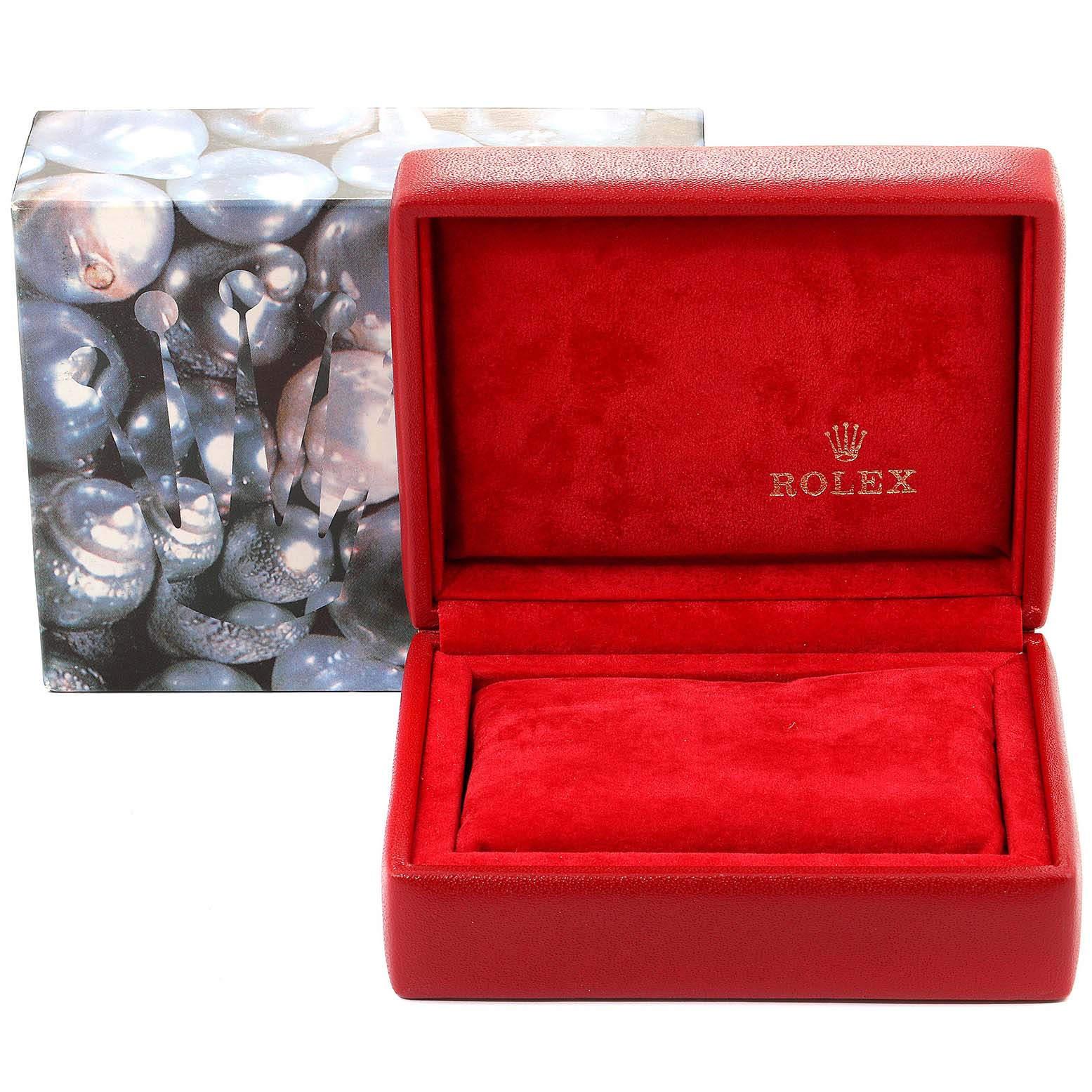 The image shows an empty red Rolex watch box with the lid open, displaying the brand logo inside.