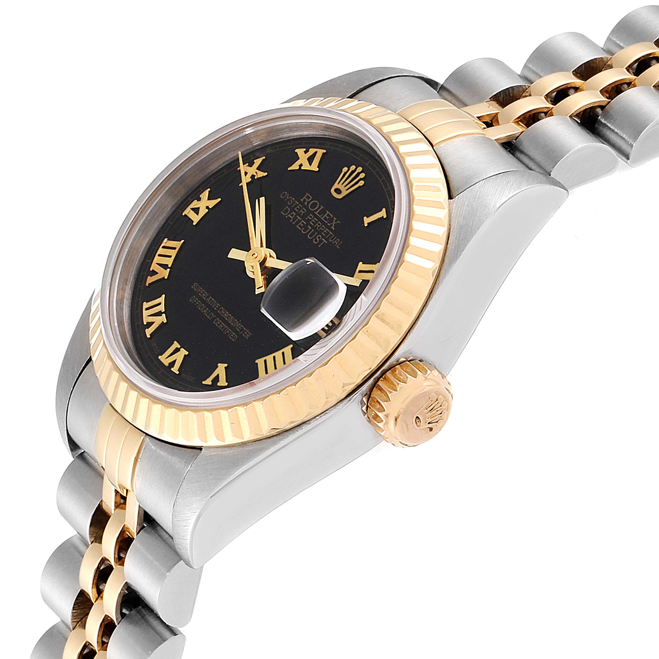 The image shows a close-up angled view of a Rolex Datejust 79173 Women's Steel and Gold (two tone) Black Dial 79173 Women's Steel and Gold (two tone) Black Dial, highlighting the crown, dial, bezel, and two-tone bracelet.