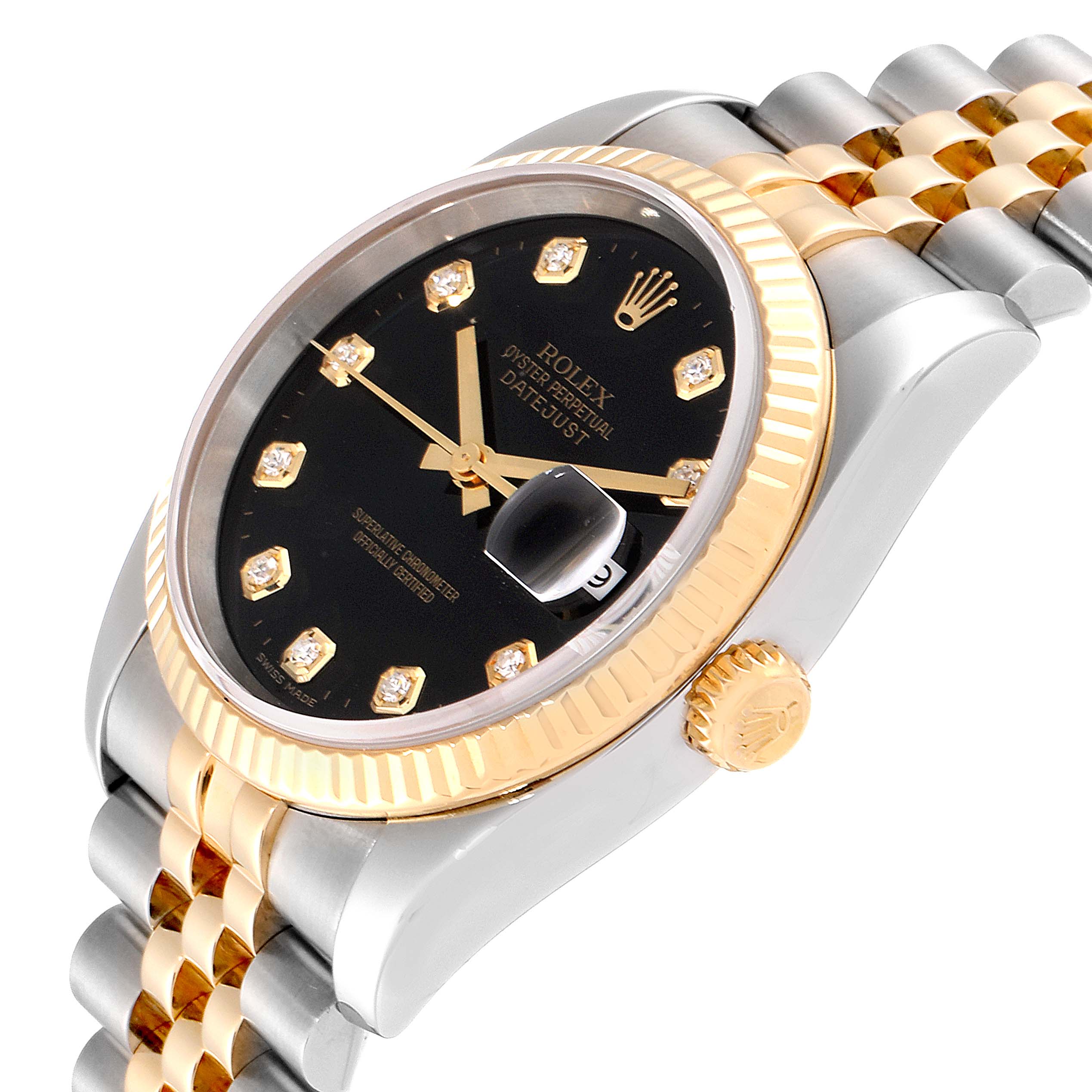 The image shows a Rolex Datejust 116233 Men
s Steel and Gold (two tone) Black Dial 116233 Men
s Steel and Gold (two tone) Black Dial watch at an oblique angle highlighting the face, bezel, crown, and part of the bracelet.