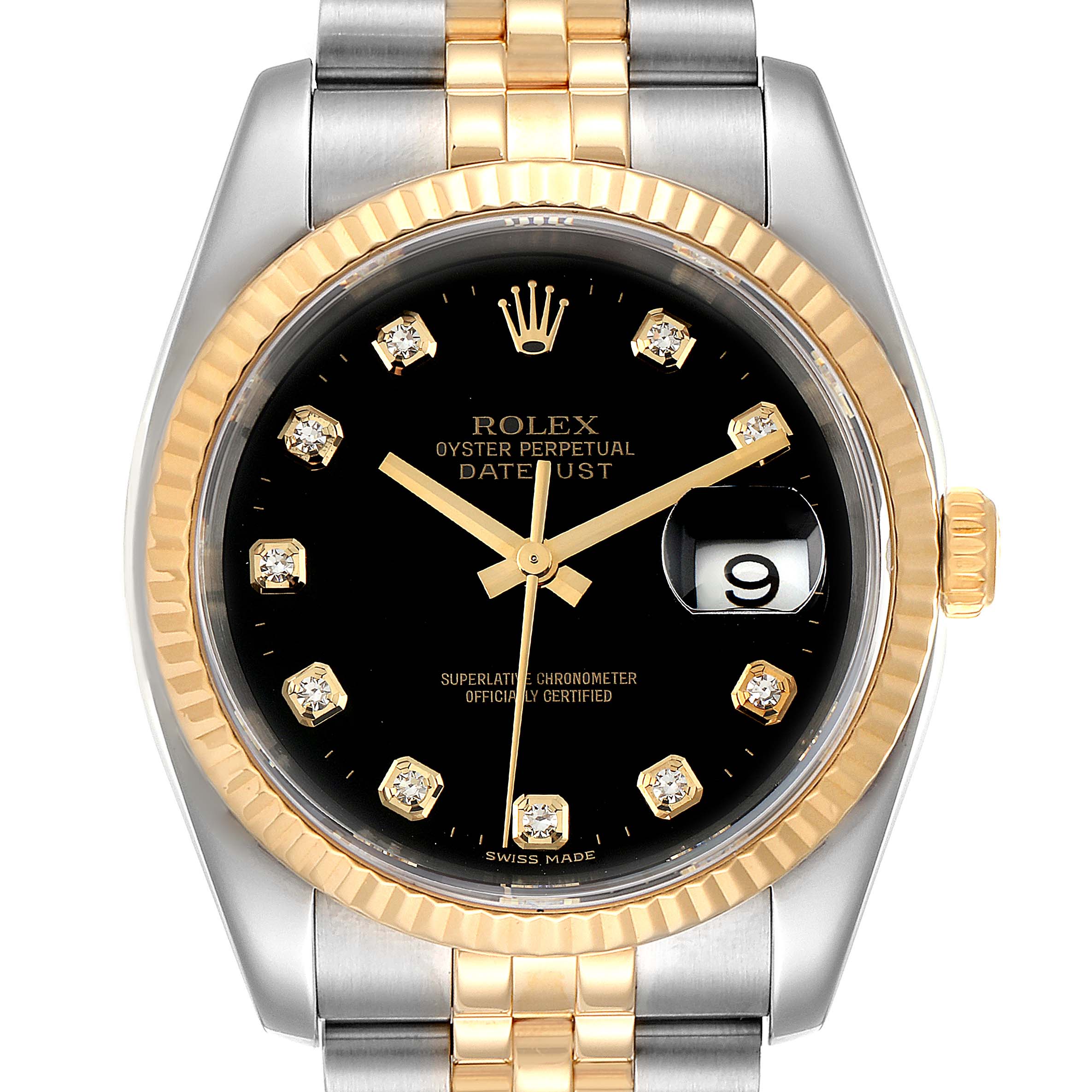 The image shows a front view of a Rolex Datejust 116233 Men
s Steel and Gold (two tone) Black Dial 116233 Men
s Steel and Gold (two tone) Black Dial watch, highlighting its black dial, gold hour markers, date window, and two-tone bracelet.