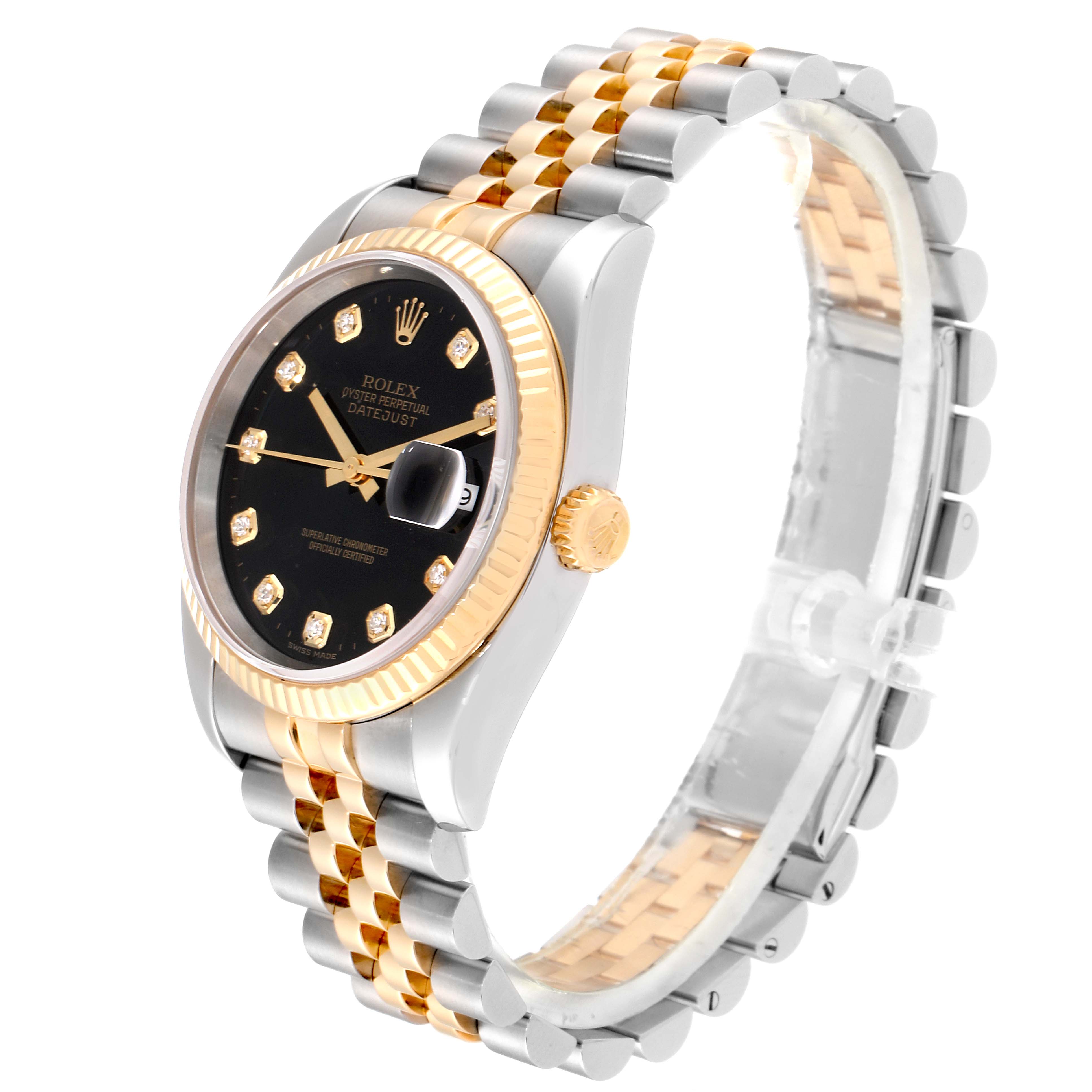 The image shows a Rolex Datejust 116233 Men
s Steel and Gold (two tone) Black Dial 116233 Men
s Steel and Gold (two tone) Black Dial watch at an angle highlighting the face, bezel, and two-tone bracelet.