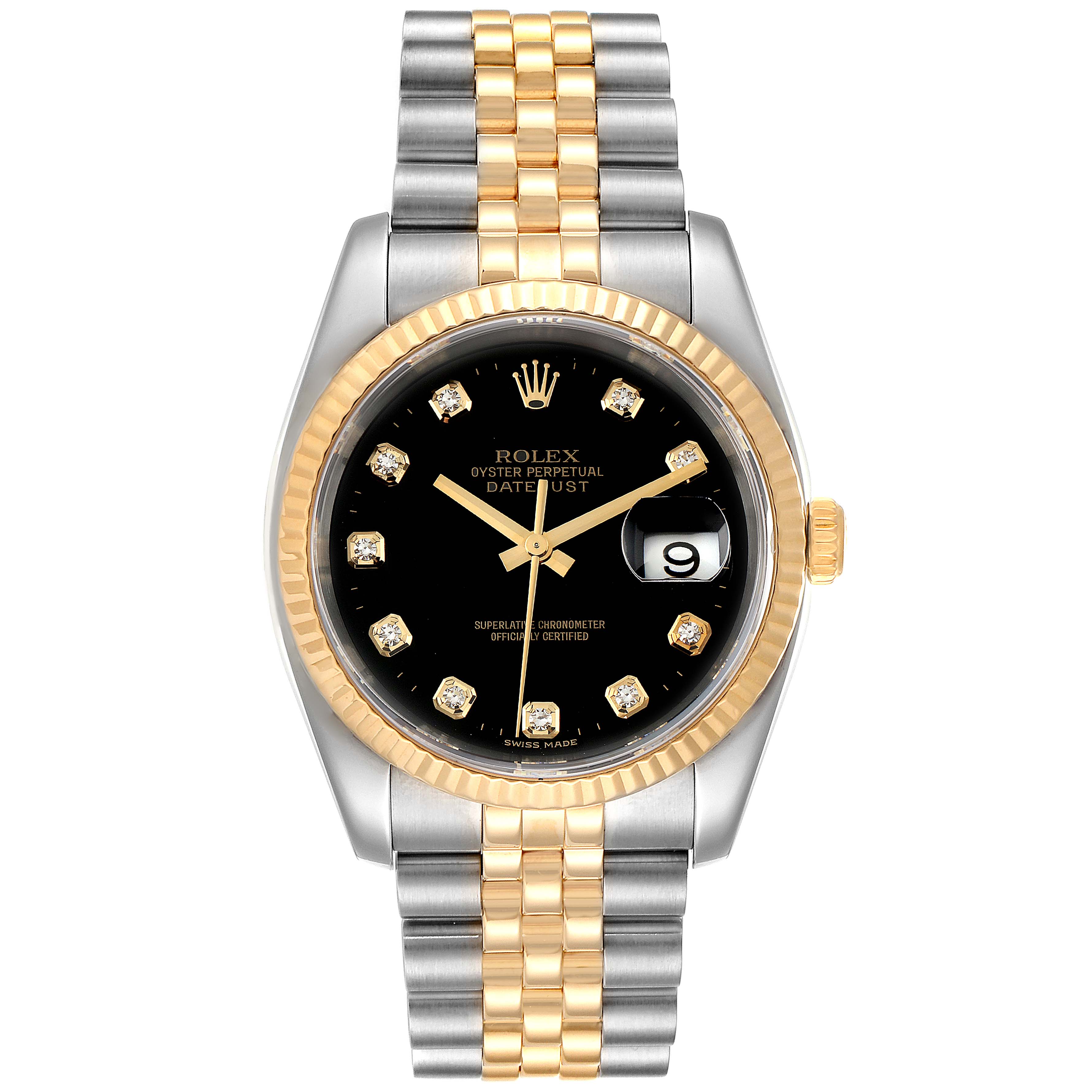 The image shows a front view of a Rolex Datejust 116233 Men
s Steel and Gold (two tone) Black Dial 116233 Men
s Steel and Gold (two tone) Black Dial watch, displaying its dial, bezel, and part of the two-tone bracelet.