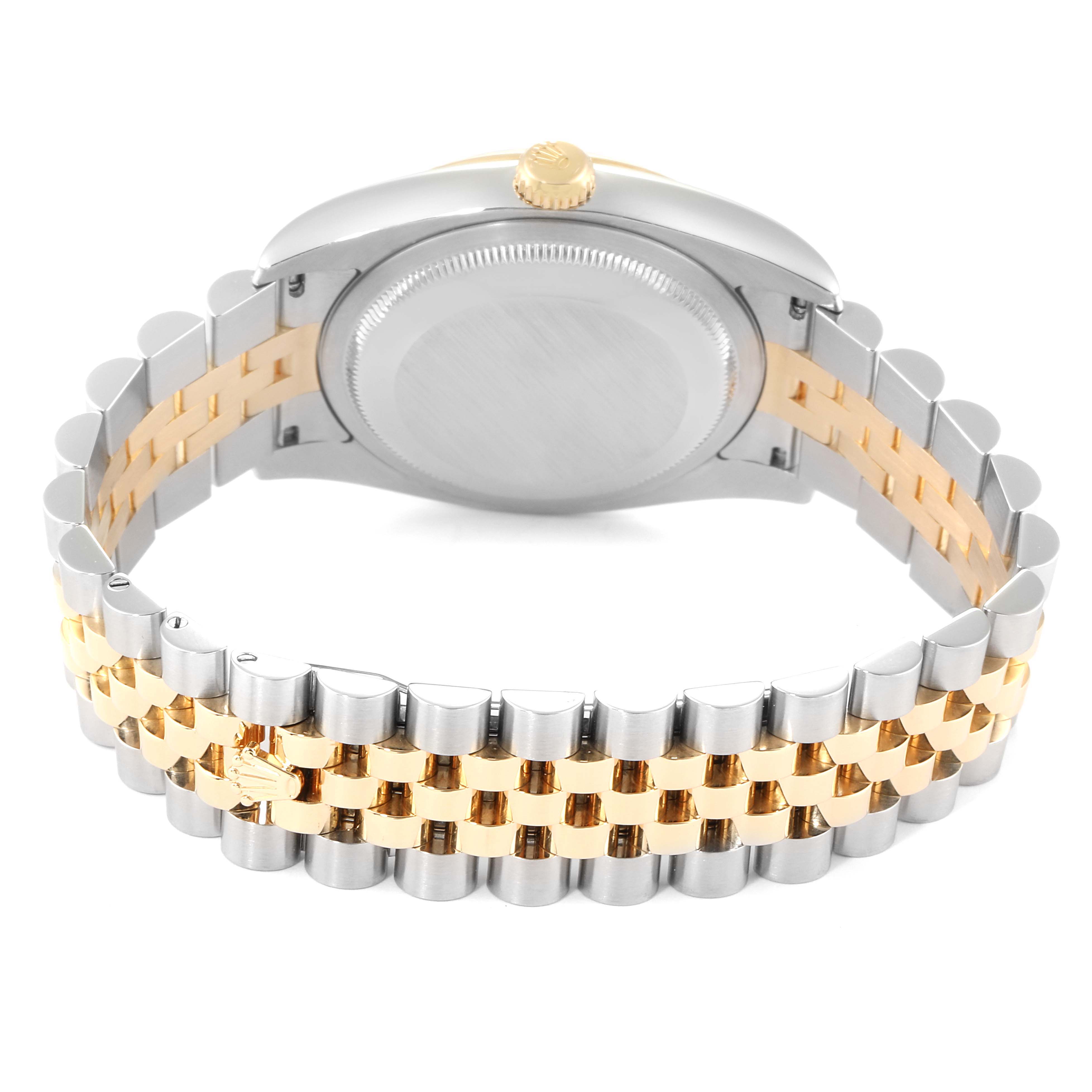 The image shows the backside of a Rolex Datejust 116233 Men
s Steel and Gold (two tone) Black Dial 116233 Men
s Steel and Gold (two tone) Black Dial watch, focusing on the case back, bracelet, and clasp in a two-tone finish.