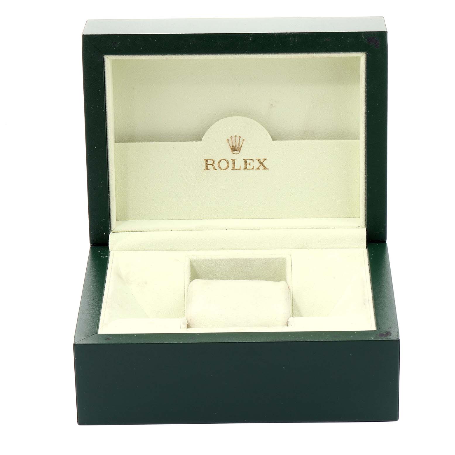 The image shows an open green and cream Rolex watch box, meant for a Datejust model by Rolex.