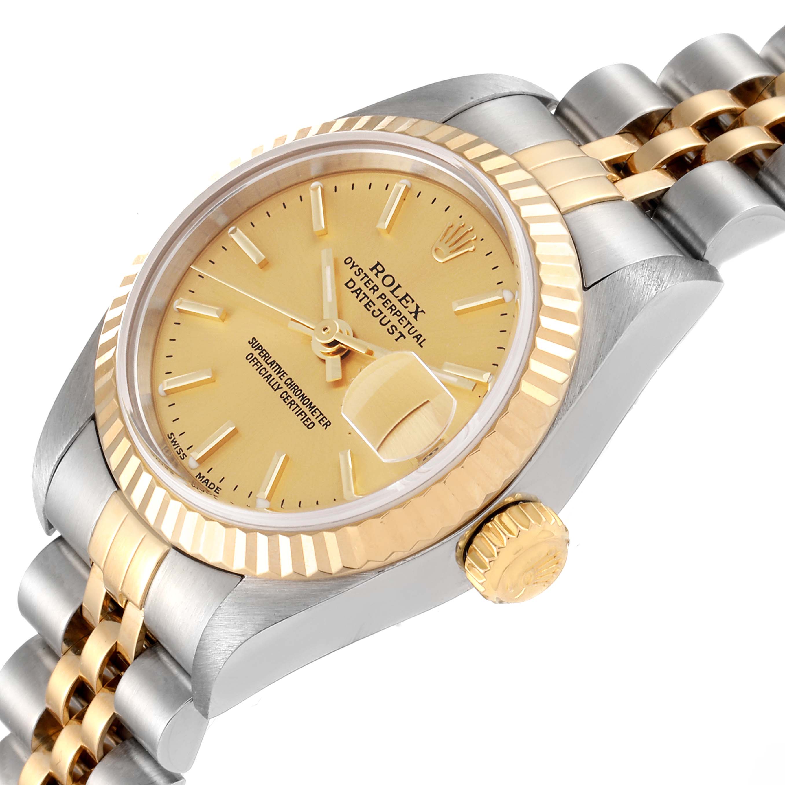 The Rolex Datejust 79173 Women's Steel and Gold (two tone) Champagne Dial 79173 Women's Steel and Gold (two tone) Champagne Dial watch is shown at an angle highlighting the case, bezel, dial, crown, and part of the bracelet.