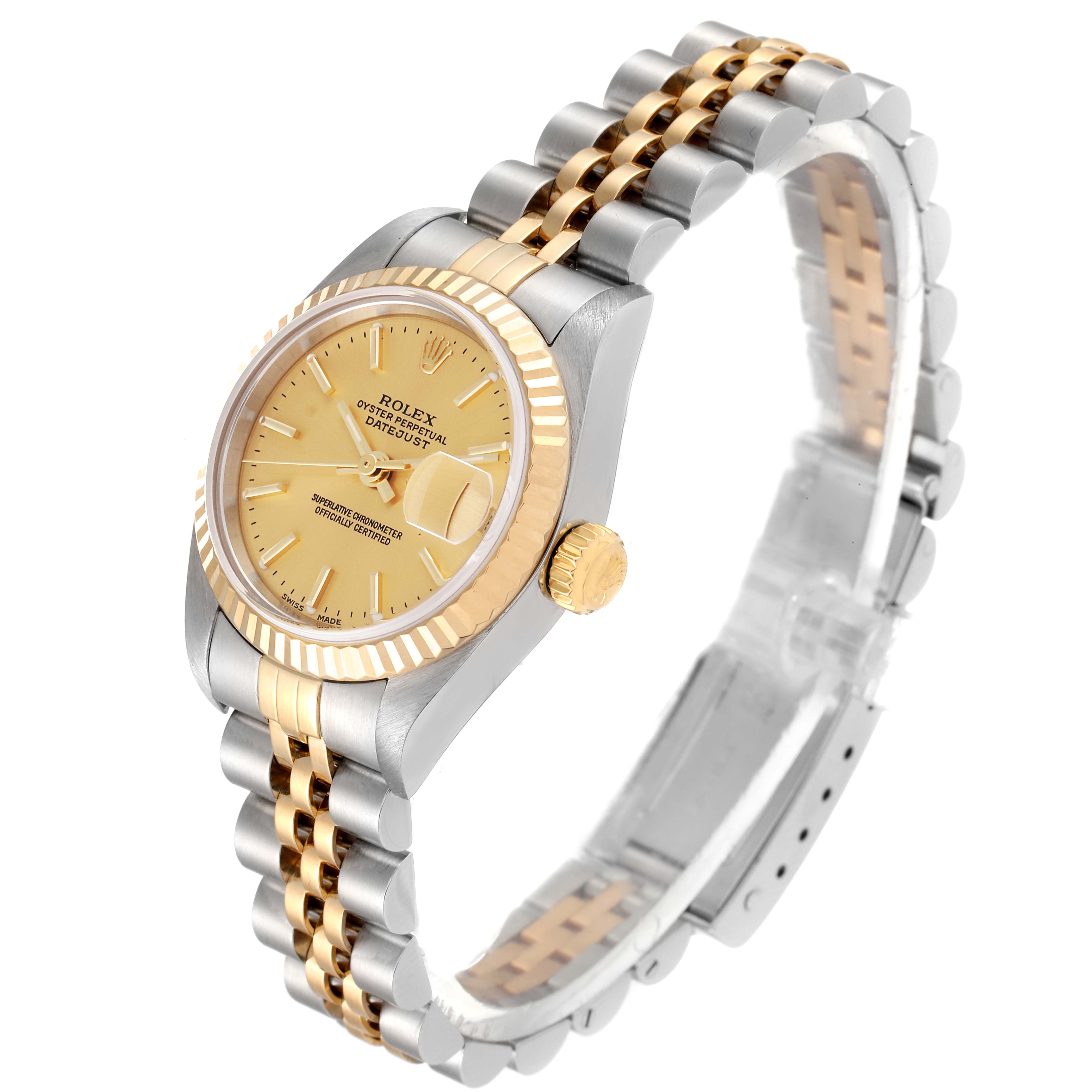 The image shows a Rolex Datejust 79173 Women's Steel and Gold (two tone) Champagne Dial 79173 Women's Steel and Gold (two tone) Champagne Dial watch angled slightly to display its face, bezel, and two-tone bracelet clearly.