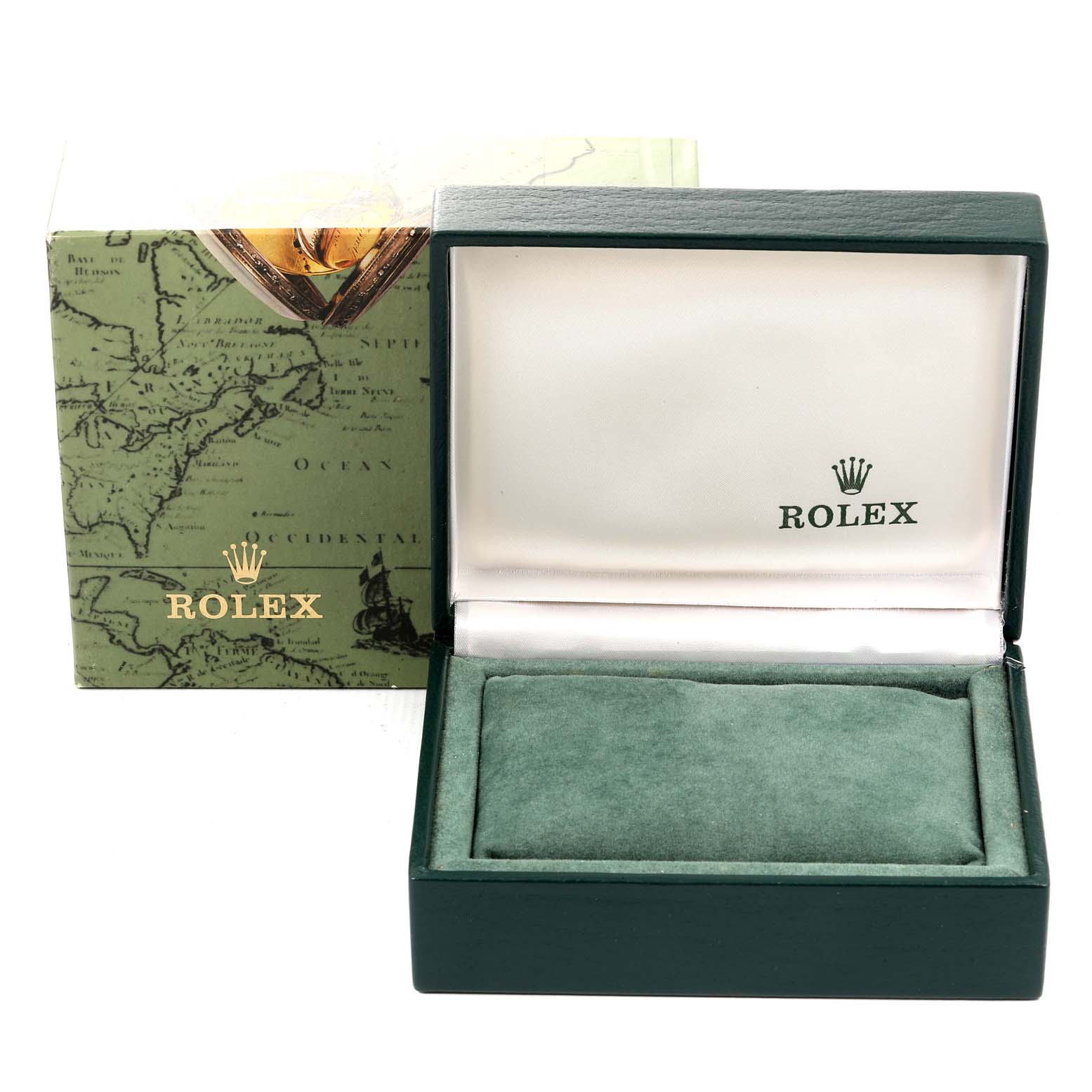 The image shows an open green Rolex watch box, designed for the Datejust model, with the lid and inner cushion visible.