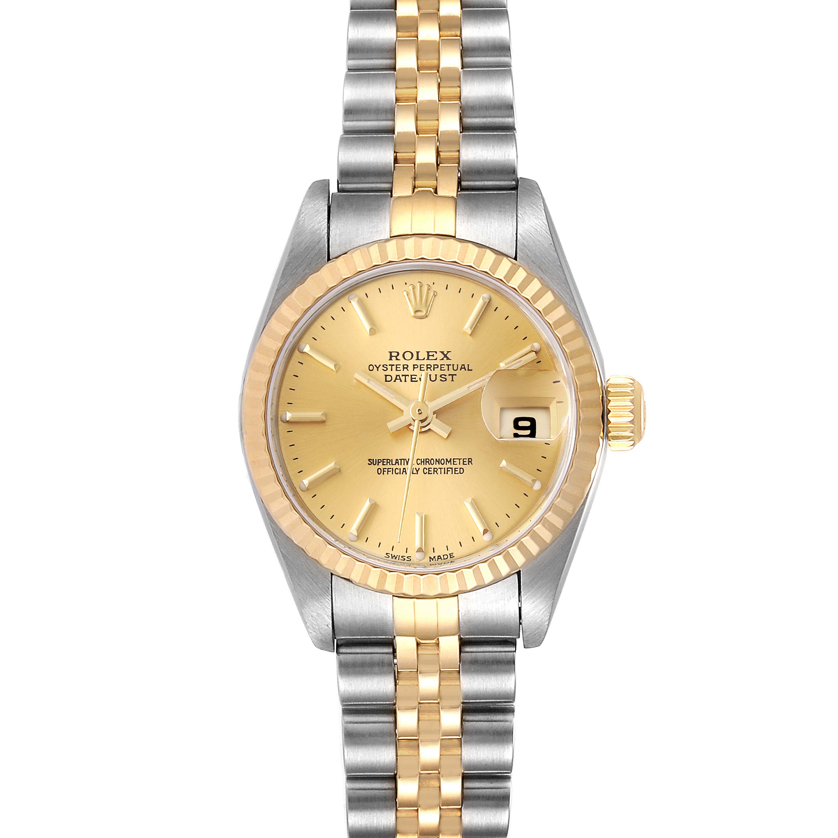 The image shows a front view of a Rolex Datejust 79173 Women's Steel and Gold (two tone) Champagne Dial 79173 Women's Steel and Gold (two tone) Champagne Dial watch with a gold dial and a two-tone bracelet.