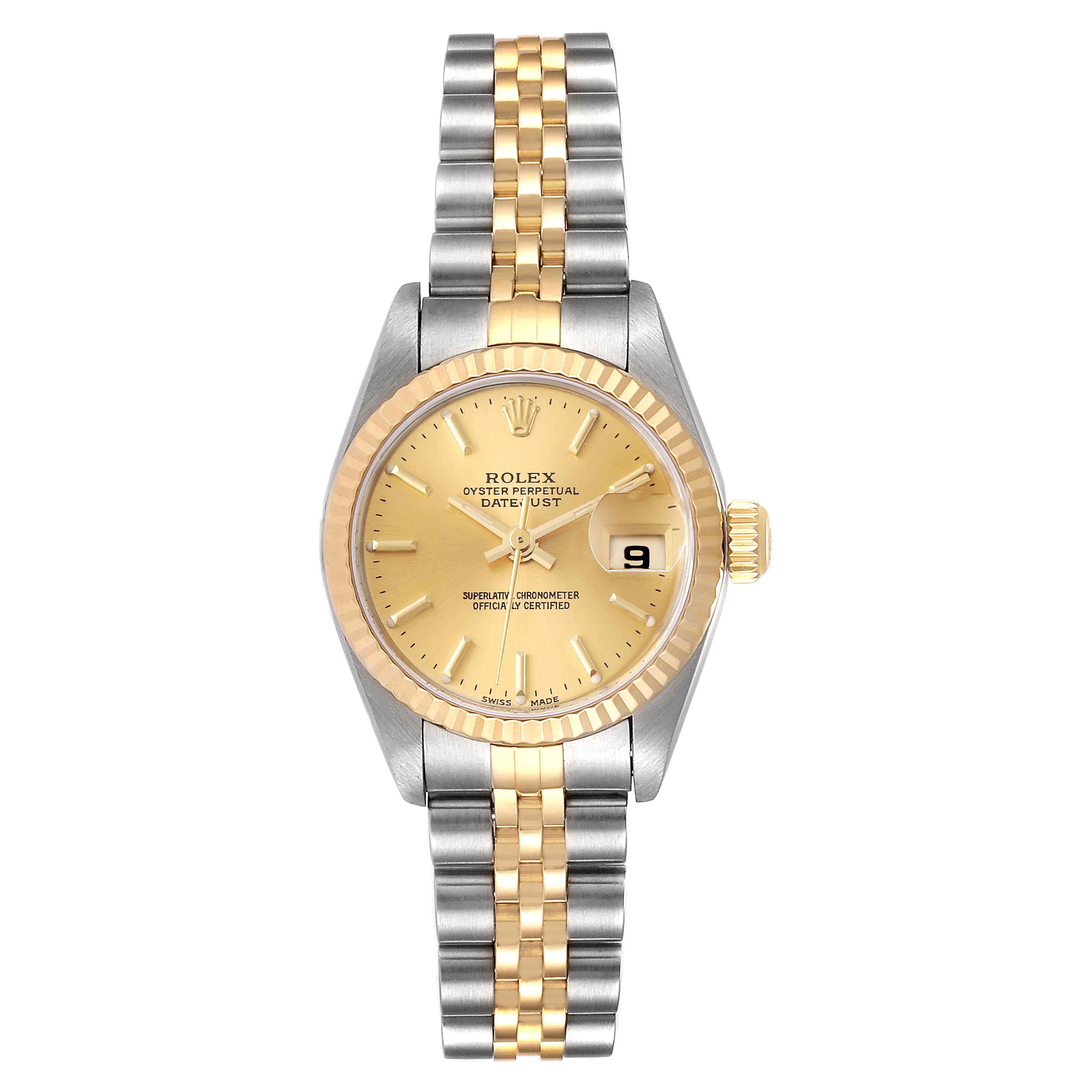 This image shows a full frontal view of a Rolex Datejust 79173 Women's Steel and Gold (two tone) Champagne Dial 79173 Women's Steel and Gold (two tone) Champagne Dial watch with its dial, bezel, and bracelet visible.