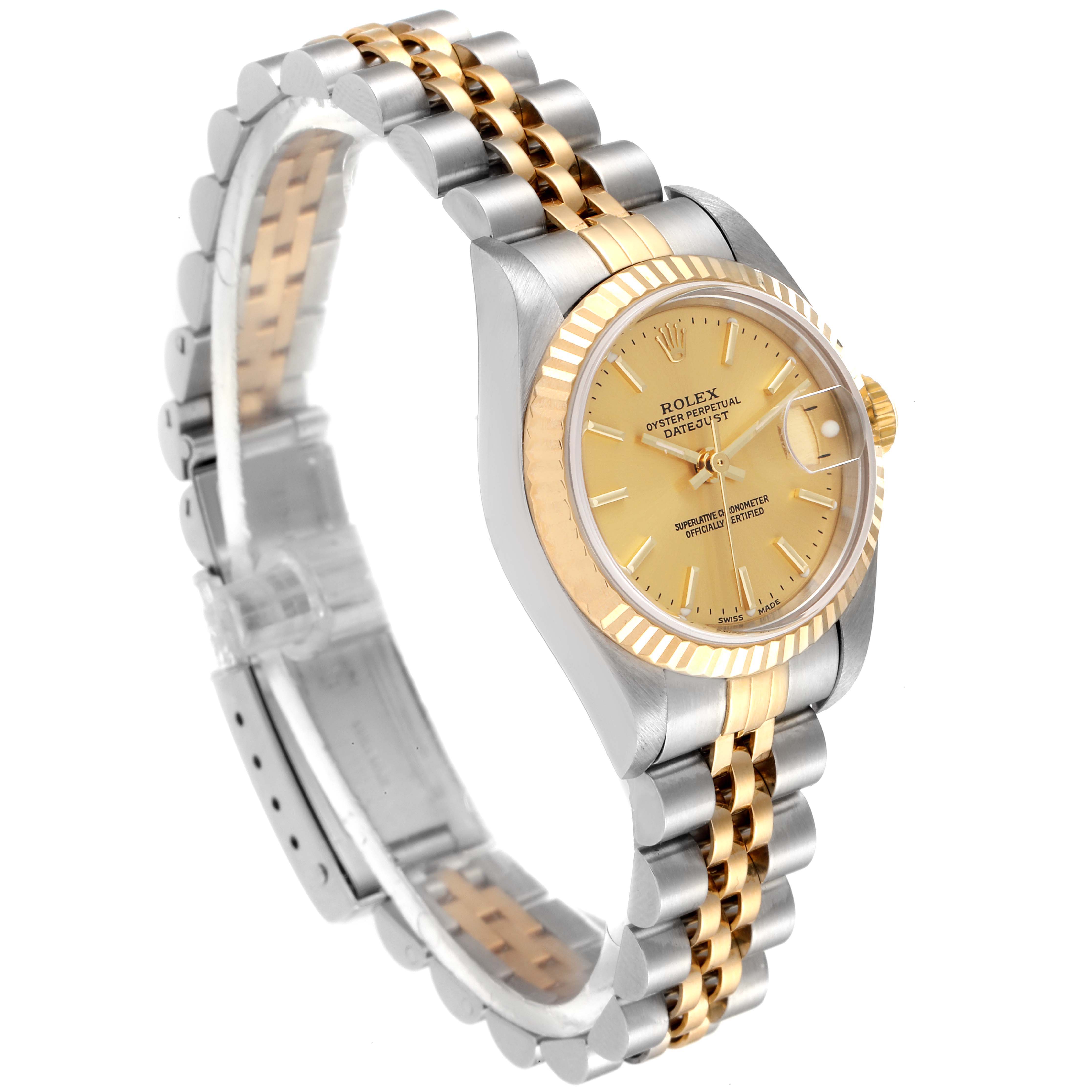 This image shows a Rolex Datejust 79173 Women's Steel and Gold (two tone) Champagne Dial 79173 Women's Steel and Gold (two tone) Champagne Dial watch at a three-quarter angle, highlighting its two-tone bracelet, dial, and crown.