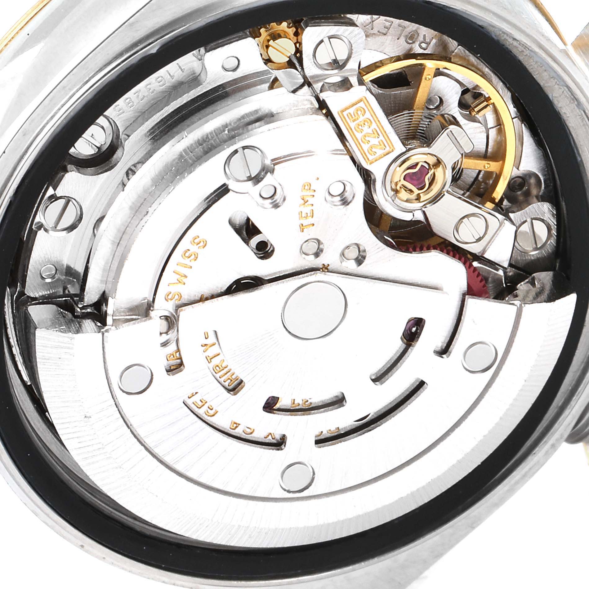 This image shows the internal movement mechanism of the Rolex Datejust 79173 Women's Steel and Gold (two tone) Champagne Dial 79173 Women's Steel and Gold (two tone) Champagne Dial watch viewed from the back.