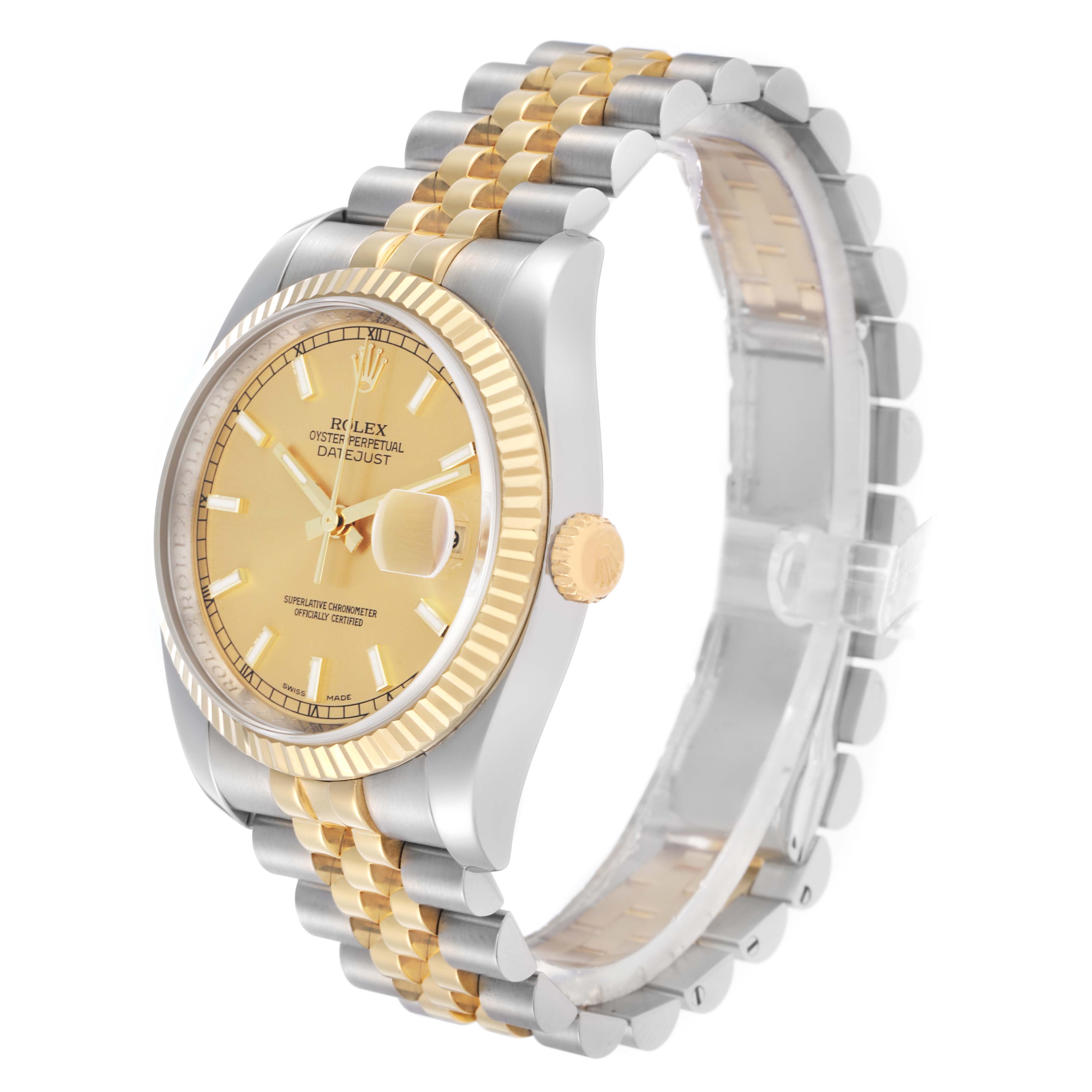 The Rolex Datejust 116233 Men
s Steel and Gold (two tone) Champagne Dial is shown at a three-quarter angle, highlighting the dial, bezel, crown, and bracelet.