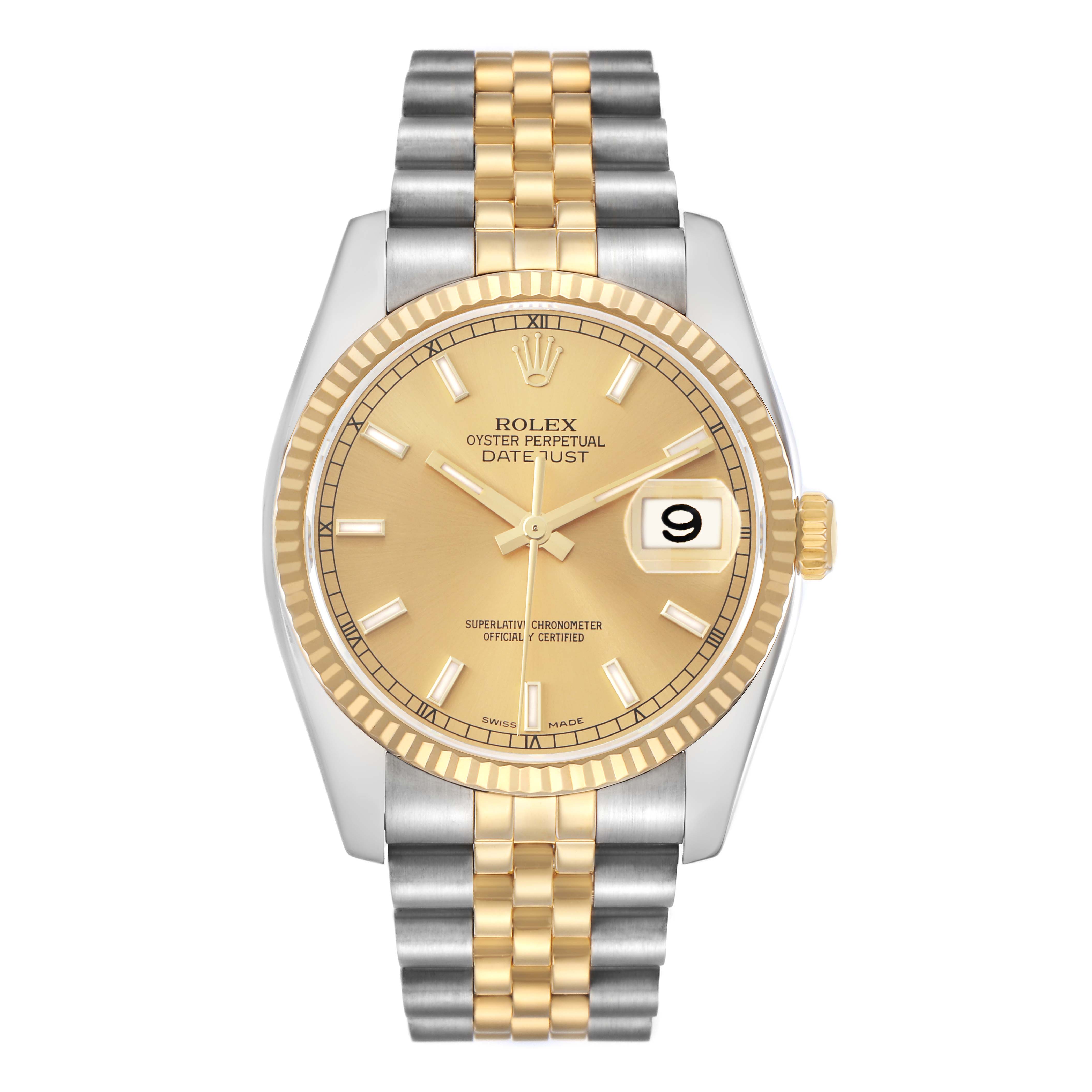 The Rolex Datejust 116233 Men
s Steel and Gold (two tone) Champagne Dial is shown from the front, highlighting its dial, bezel, bracelet, and date window.