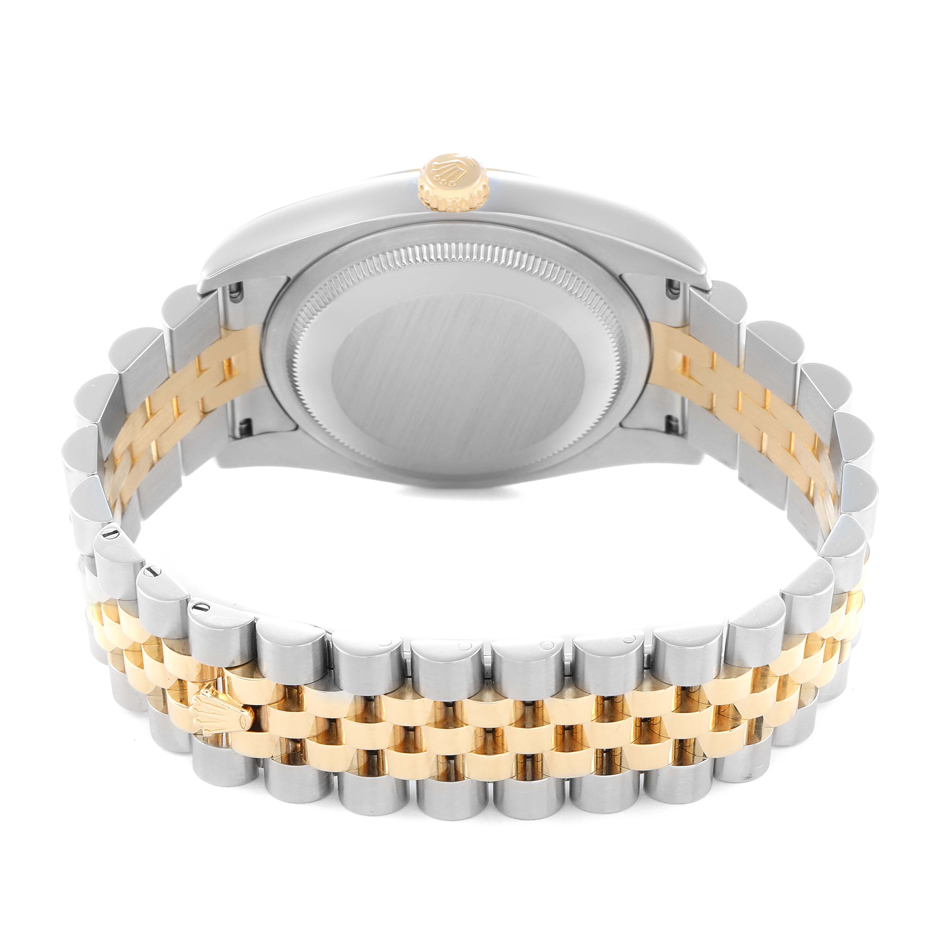 The Rolex Datejust 116233 Men
s Steel and Gold (two tone) Champagne Dial watch is shown from the back, highlighting the case, crown, and two-tone Jubilee bracelet.