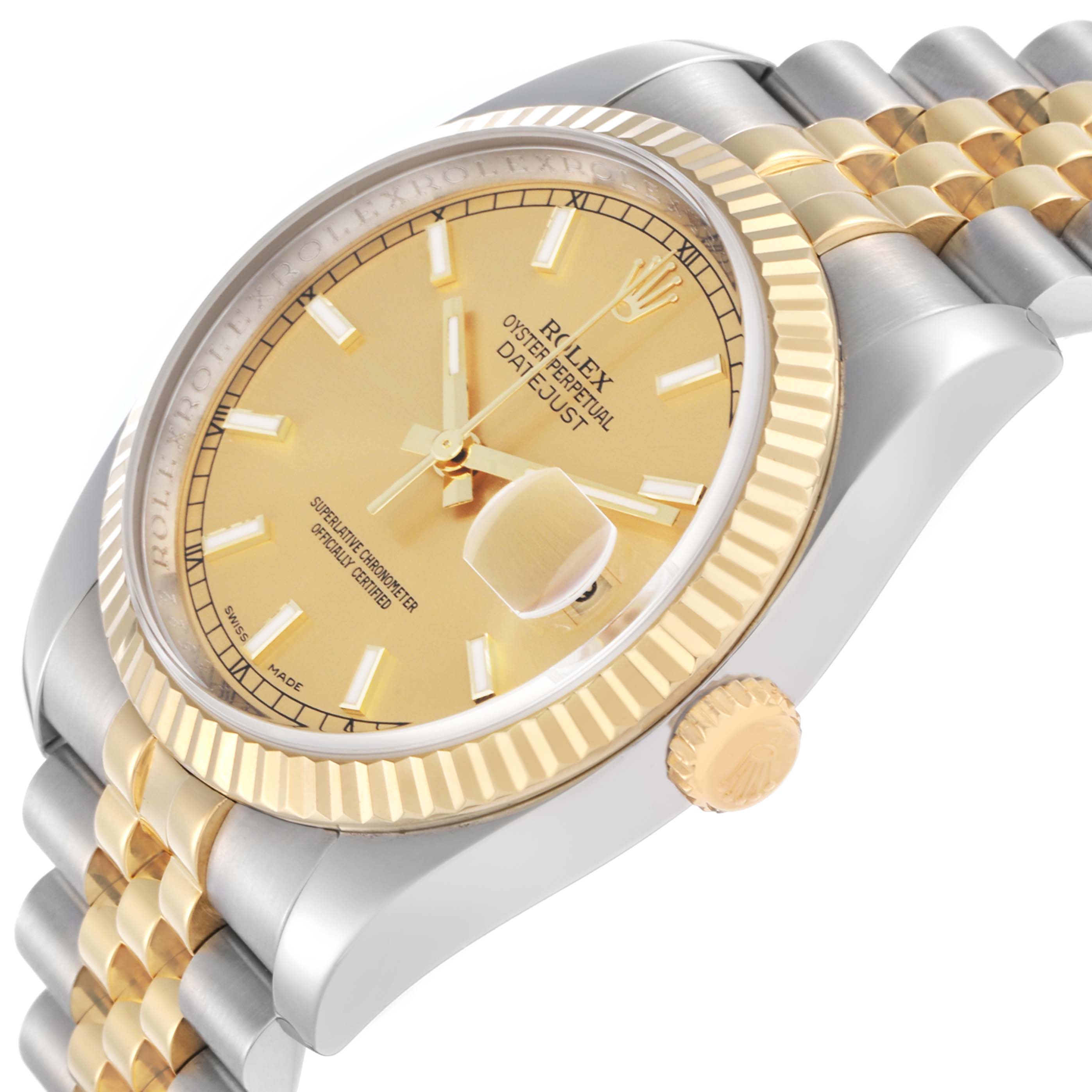 The Rolex Datejust 116233 Men
s Steel and Gold (two tone) Champagne Dial watch is shown at an angled view highlighting the gold dial, bezel, crown, and part of the bracelet.