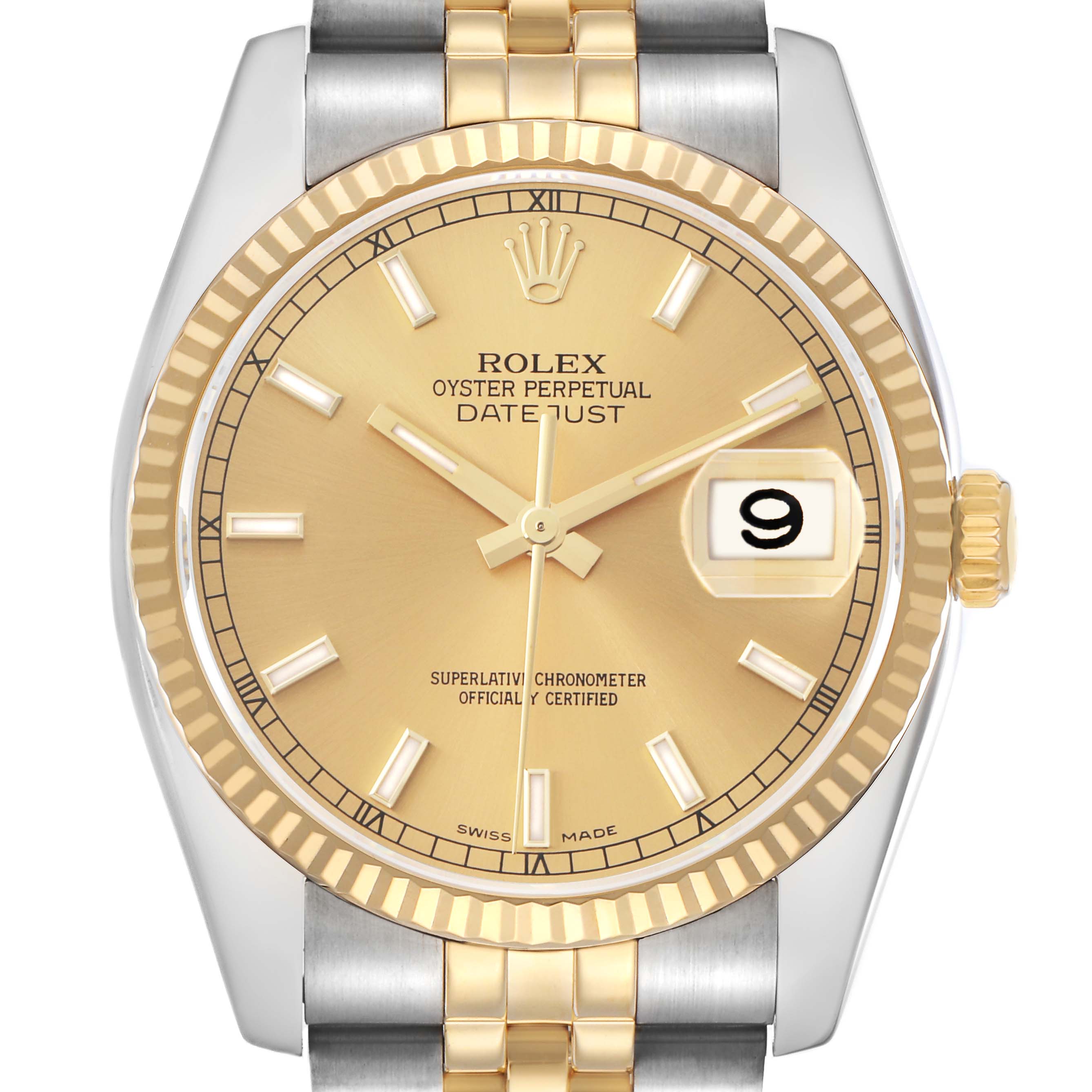 The Rolex Datejust 116233 Men
s Steel and Gold (two tone) Champagne Dial watch is shown from a top view, highlighting the face, bezel, and part of the bracelet.