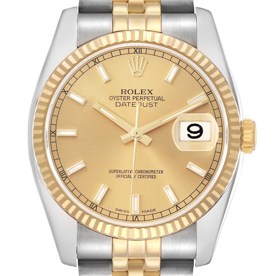 The Rolex Datejust 116233 Men's Steel and Gold (two tone) Champagne Dial watch is shown from a top view, highlighting the face, bezel, and part of the bracelet.