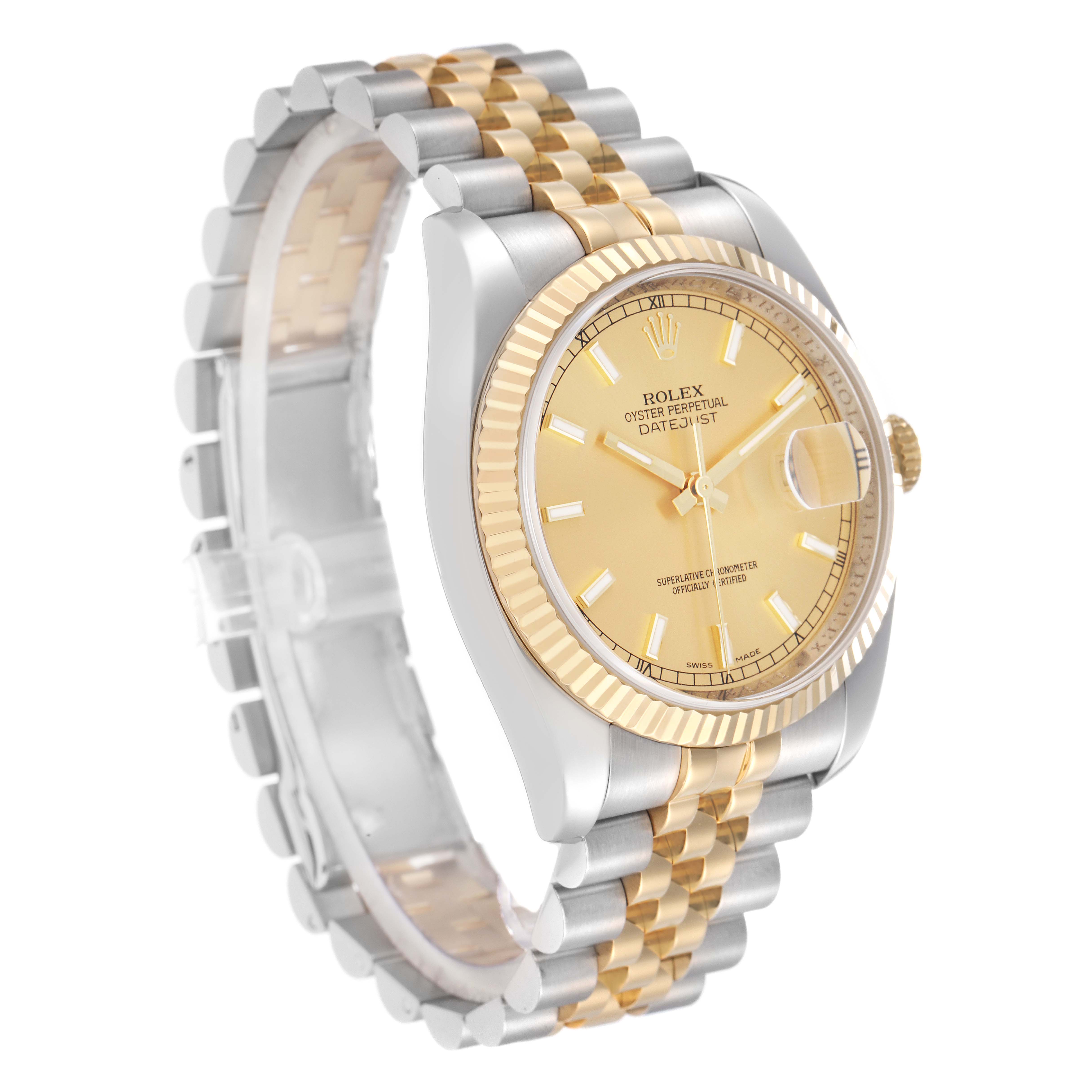 The Rolex Datejust 116233 Men
s Steel and Gold (two tone) Champagne Dial watch is shown at an angle highlighting the face, fluted bezel, and two-tone Jubilee bracelet.