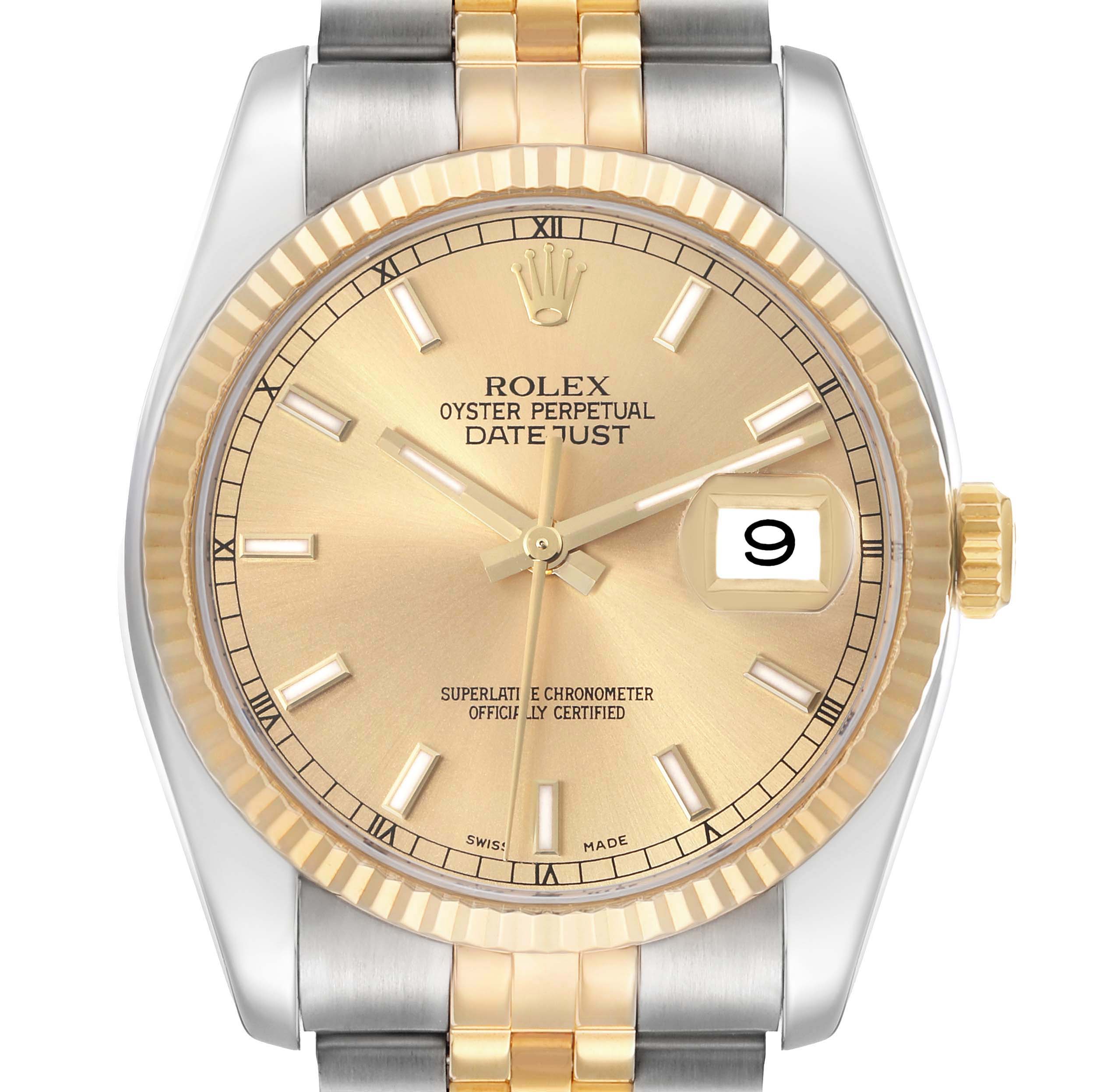 The Rolex Datejust 116233 Men
s Steel and Gold (two tone) Champagne Dial watch is shown from a top view, displaying the dial, bezel, bracelet, and crown.