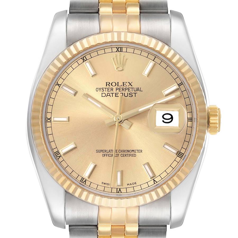 The Rolex Datejust 116233 Men's Steel and Gold (two tone) Champagne Dial watch is shown from a top view, displaying the dial, bezel, bracelet, and crown.