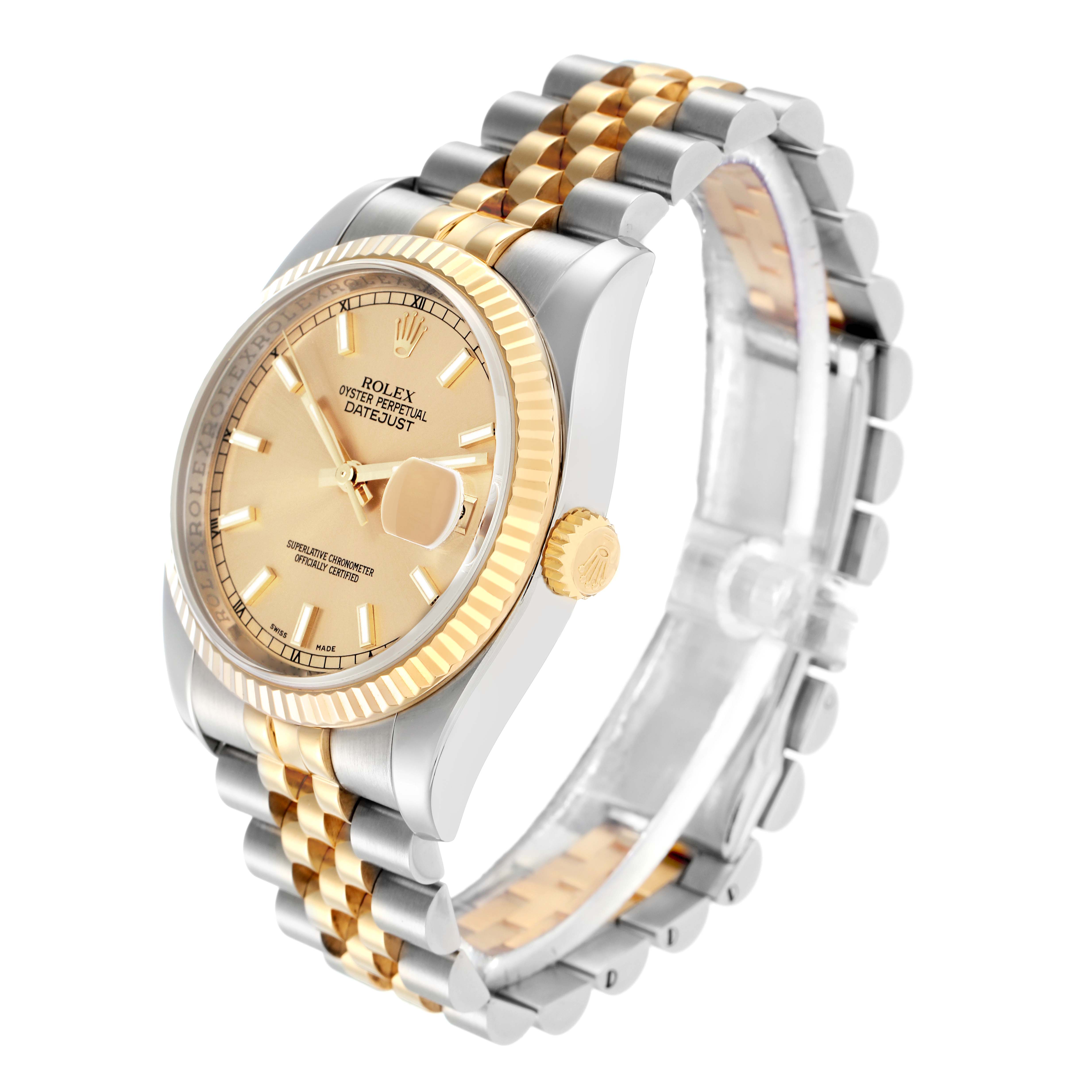 The Rolex Datejust 116233 Men
s Steel and Gold (two tone) Champagne Dial watch is shown at a slight angle, highlighting the gold bezel, crown, dial, and two-tone bracelet.