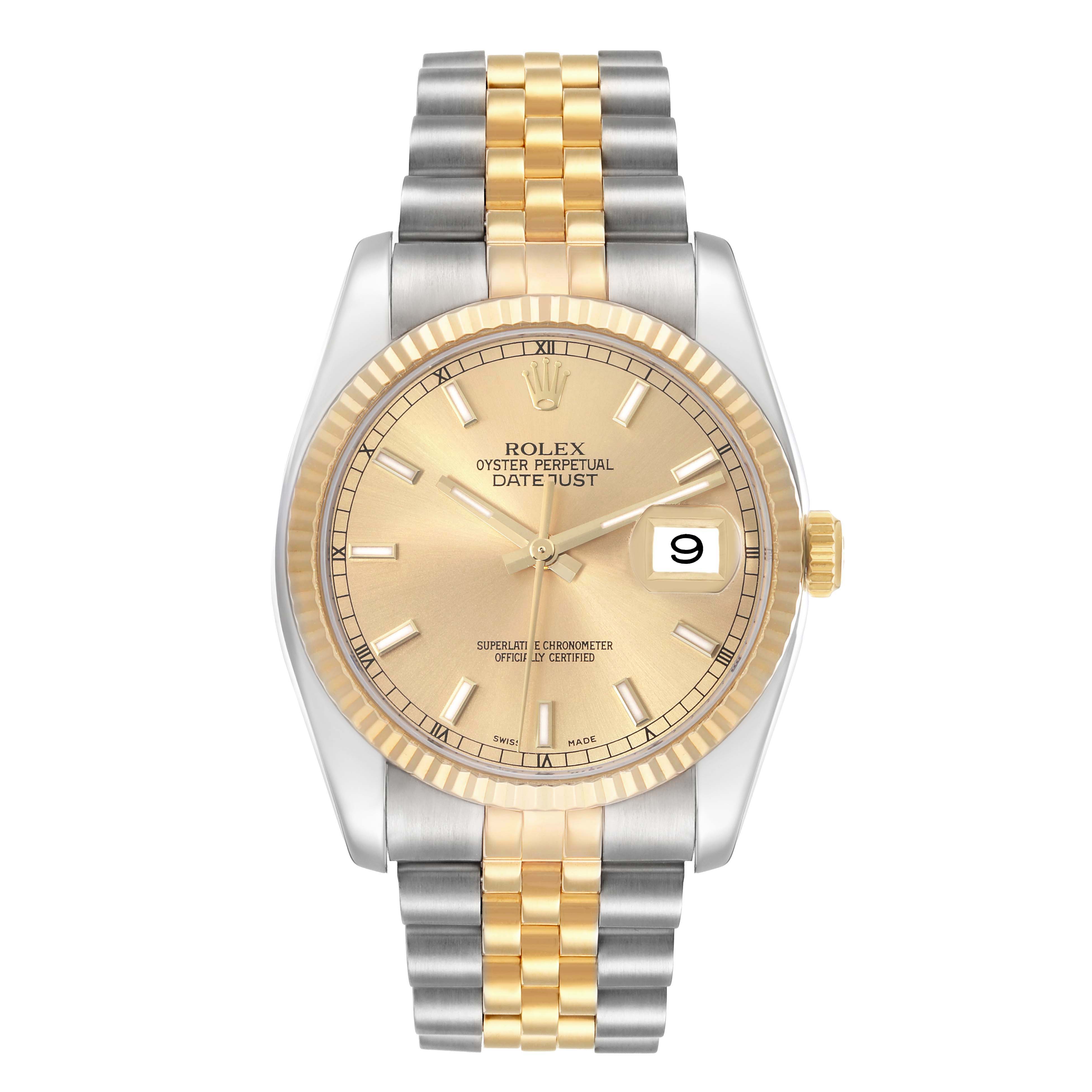 The Rolex Datejust 116233 Men
s Steel and Gold (two tone) Champagne Dial watch is shown from the front, displaying the gold dial, two-tone bracelet, fluted bezel, and date window.