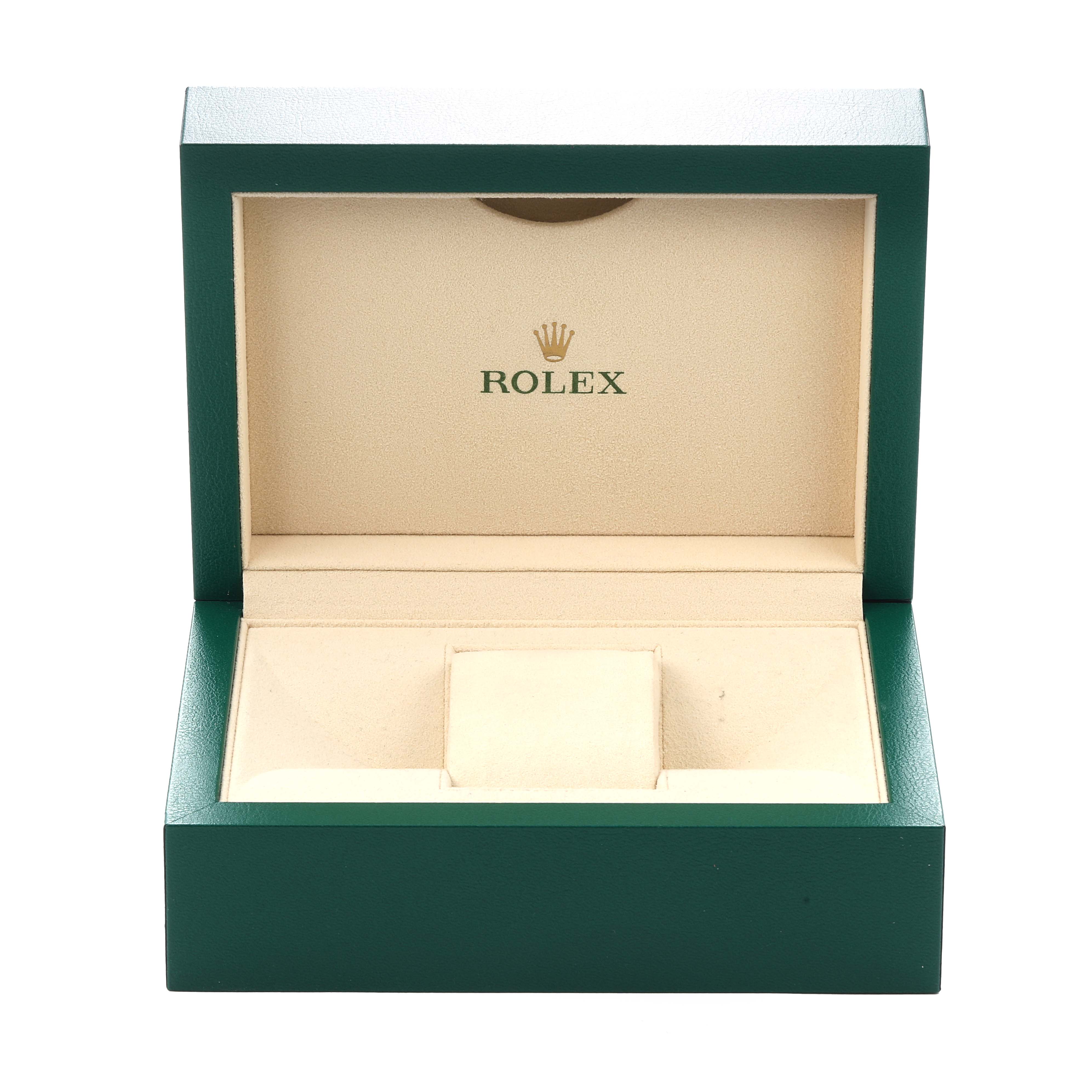 The image shows an open Rolex watch box for the Datejust model, with a cushion inside.