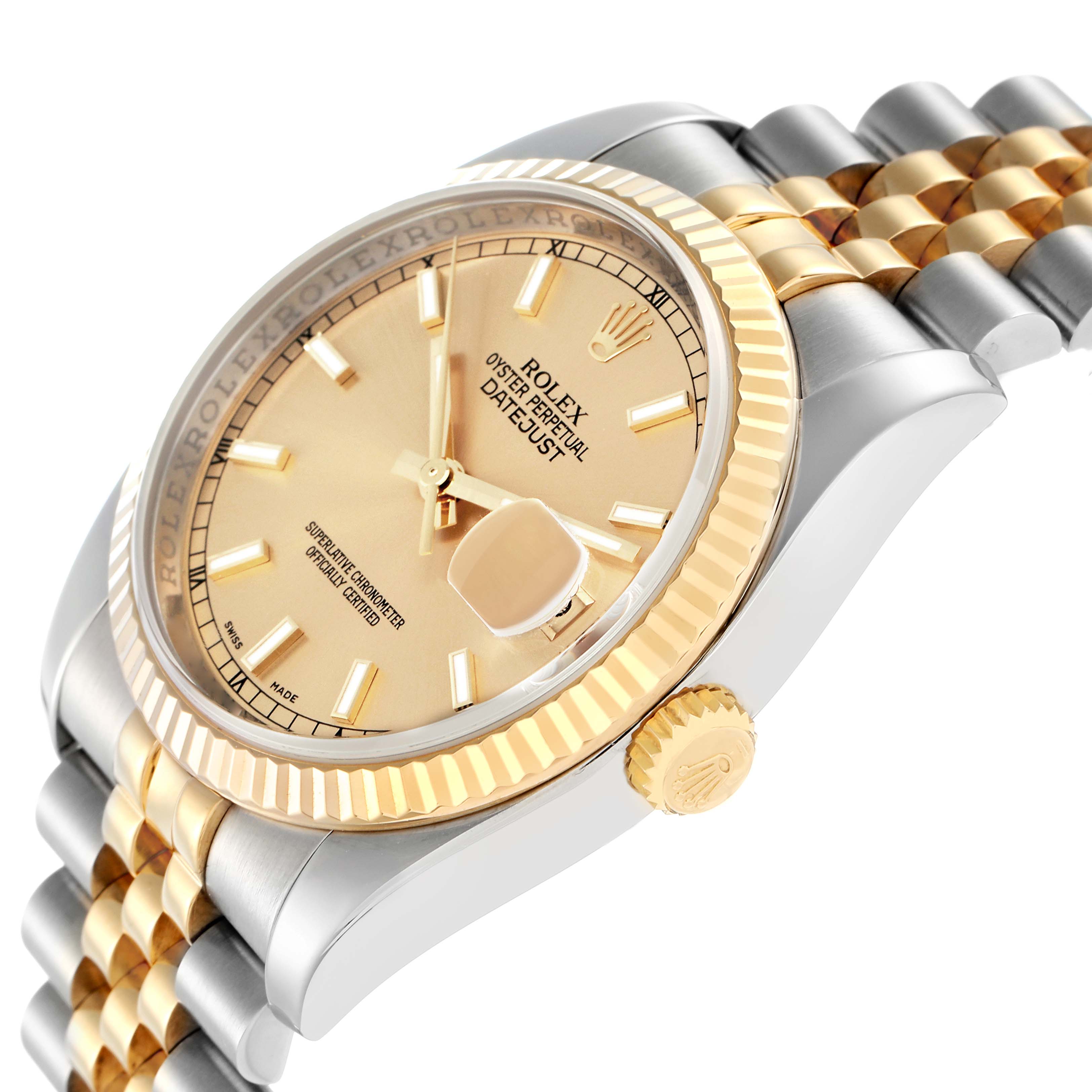 The Rolex Datejust 116233 Men
s Steel and Gold (two tone) Champagne Dial watch is shown from an angled side view, displaying the dial, bezel, crown, and bracelet links.