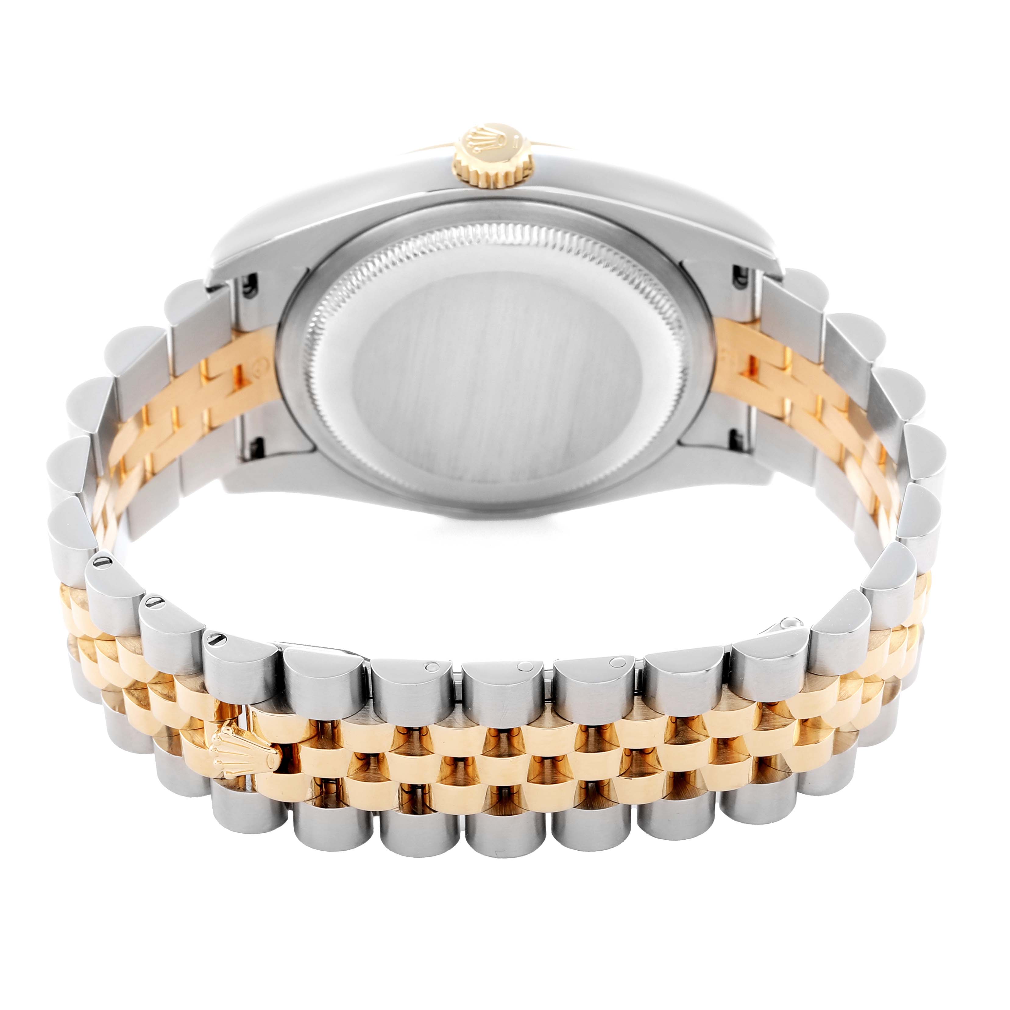 This image shows the back of a Rolex Datejust 116233 Men
s Steel and Gold (two tone) Champagne Dial watch, highlighting its case and two-tone Jubilee bracelet.