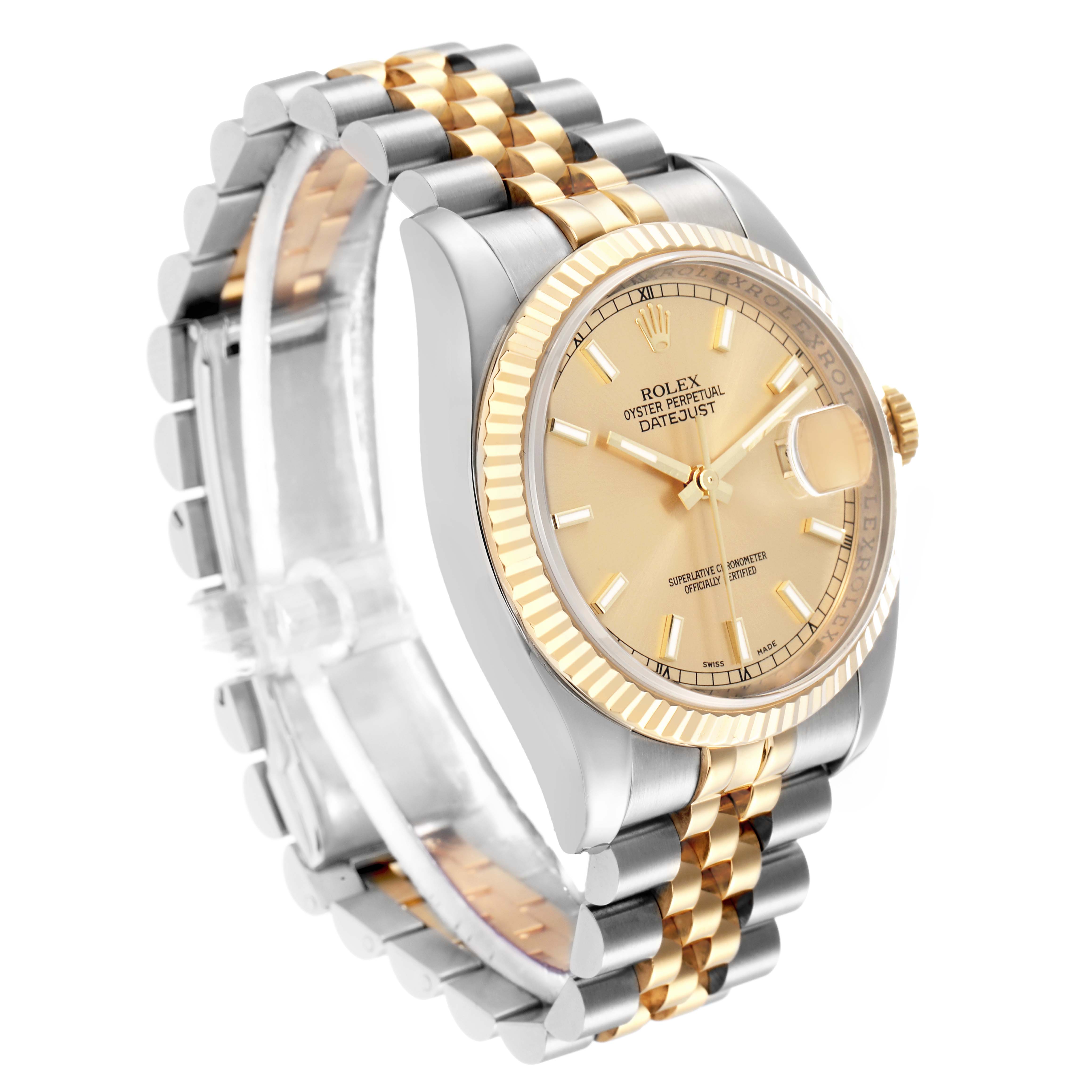 The Rolex Datejust 116233 Men
s Steel and Gold (two tone) Champagne Dial watch is shown at a side angle displaying the bracelet, case, dial, and fluted bezel.