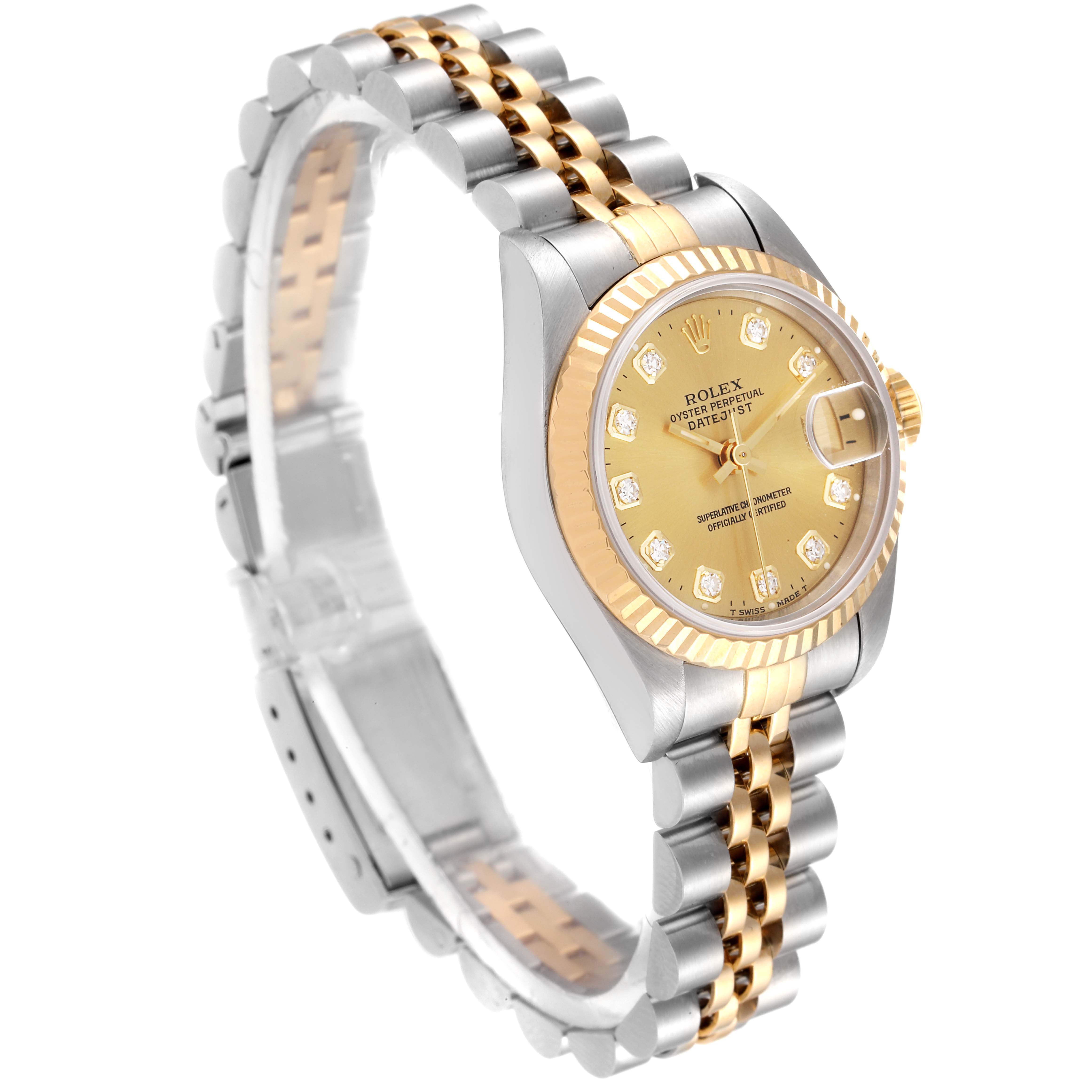 The image depicts a Rolex Datejust 69173 Women's Steel and Gold (two tone) Champagne Dial 69173 Women's Steel and Gold (two tone) Champagne Dial watch at a slight angled side view showcasing its two-tone bracelet and bezel.