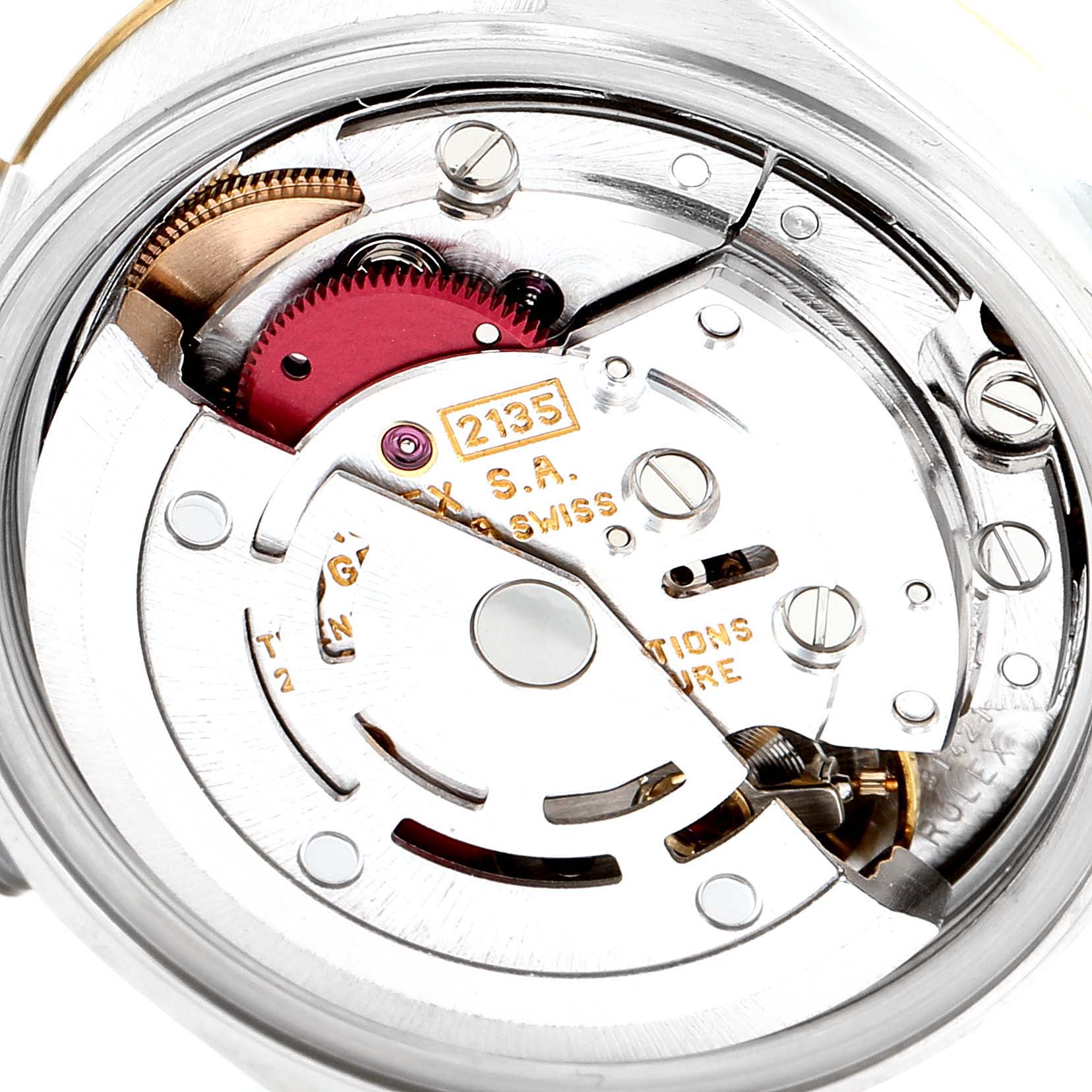 The image shows the internal mechanical movement of a Rolex Datejust 69173 Women's Steel and Gold (two tone) Champagne Dial 69173 Women's Steel and Gold (two tone) Champagne Dial watch, viewed from the back.