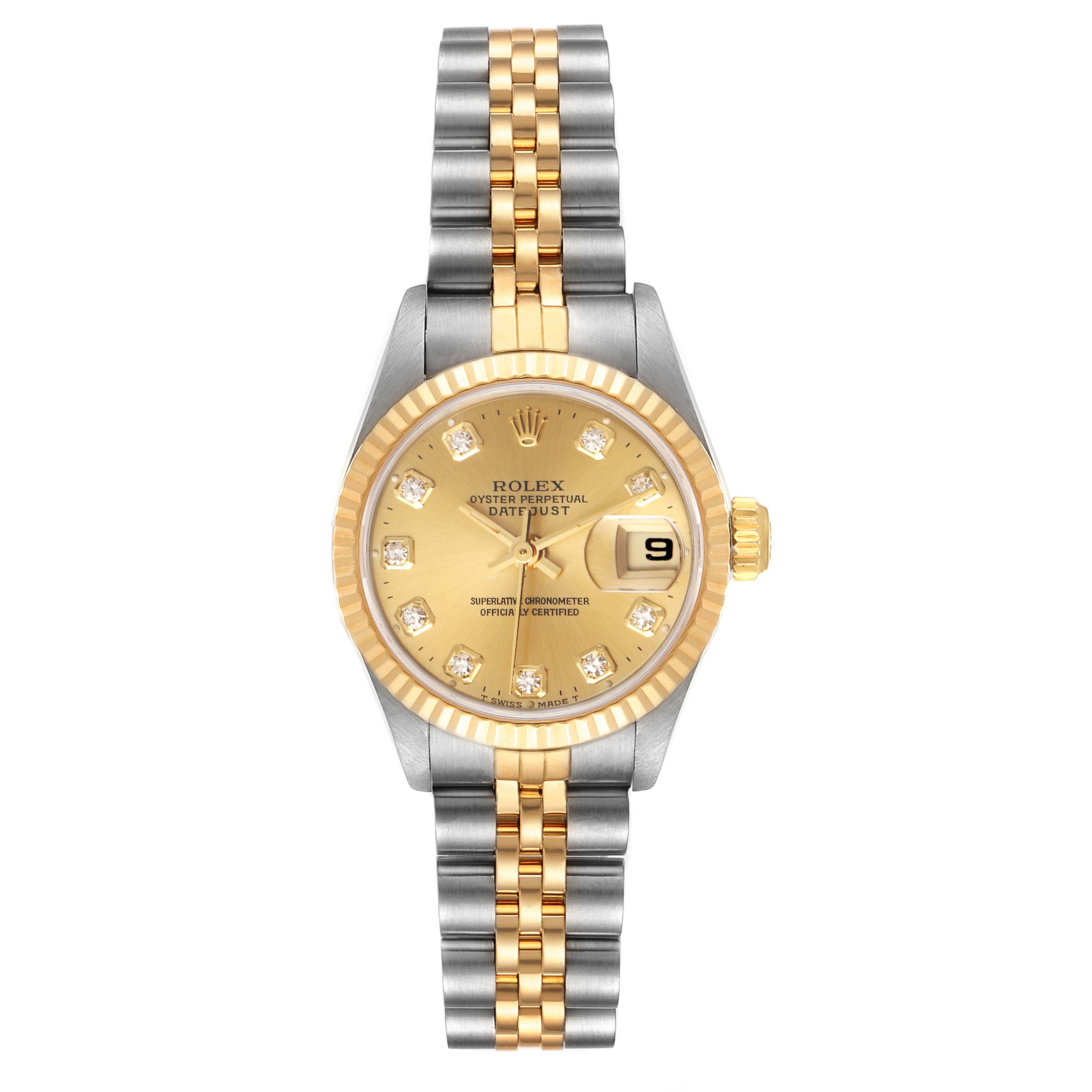 This image shows a Rolex Datejust 69173 Women's Steel and Gold (two tone) Champagne Dial 69173 Women's Steel and Gold (two tone) Champagne Dial watch from a front view, displaying the face, bezel, and two-tone bracelet.