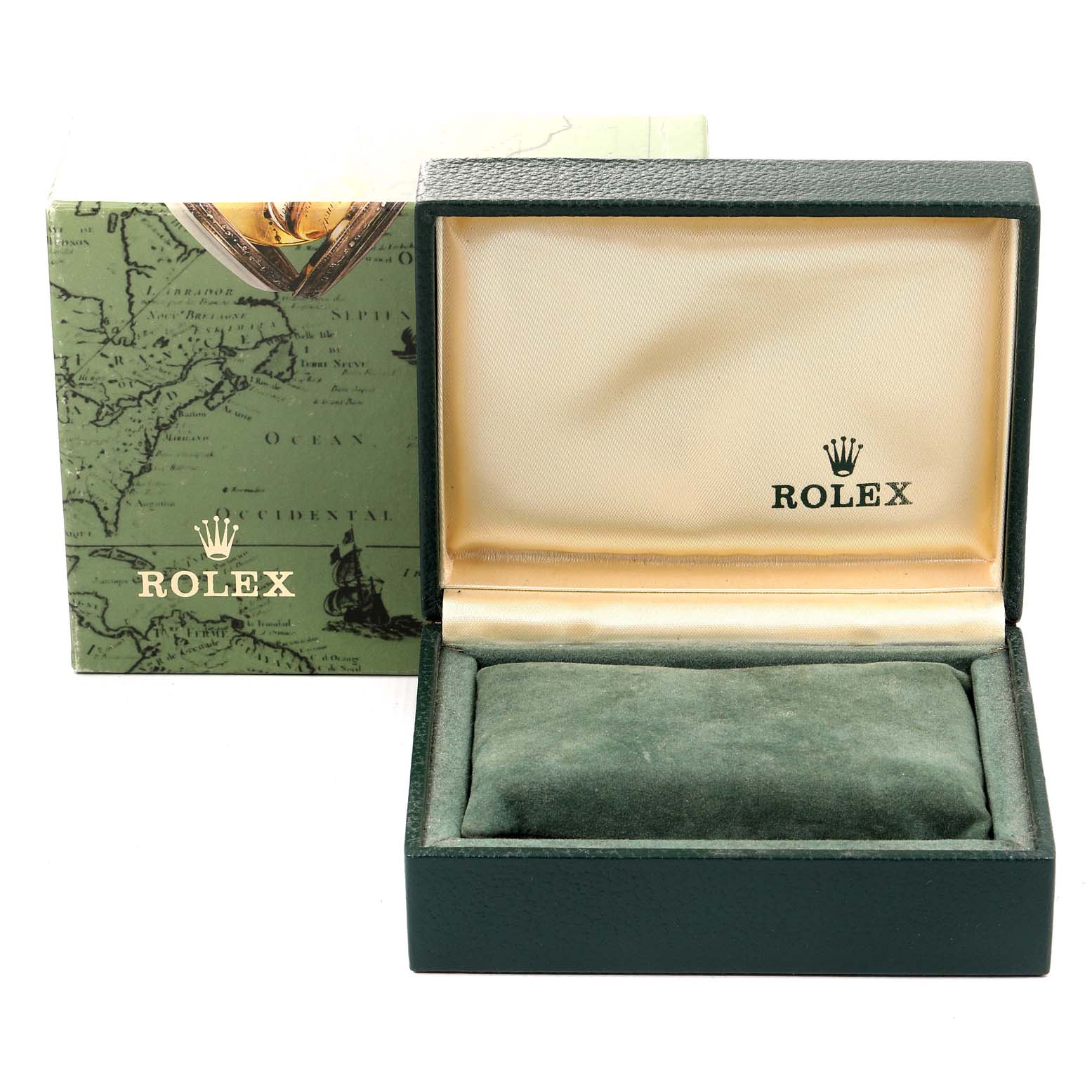 This image shows an open Rolex Datejust 69173 Women's Steel and Gold (two tone) Champagne Dial 69173 Women's Steel and Gold (two tone) Champagne Dial watch box with a green cushion, alongside its packaging.